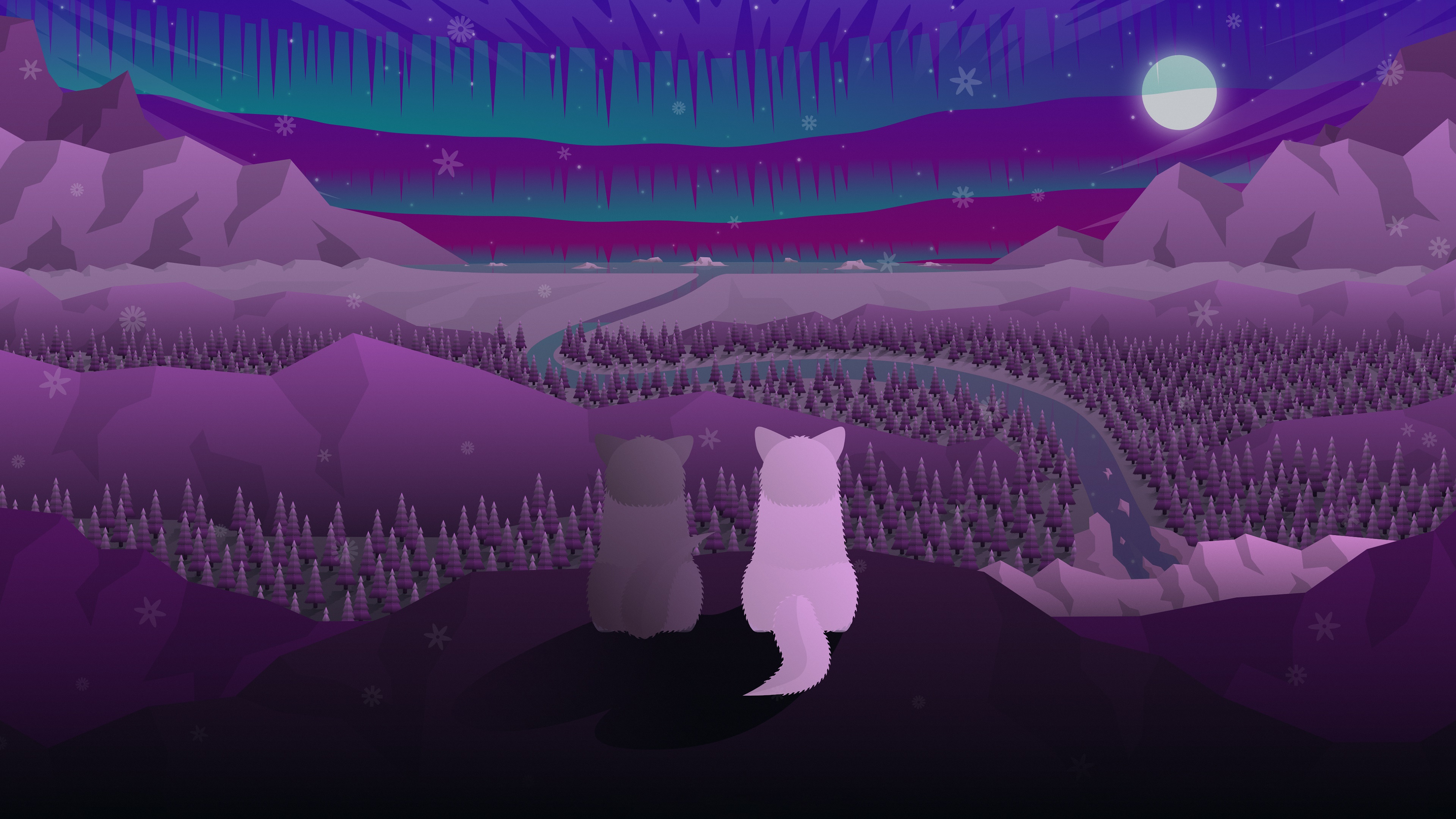 Two foxes looking at a winter landscape with aurora borealis HD Wallpaper