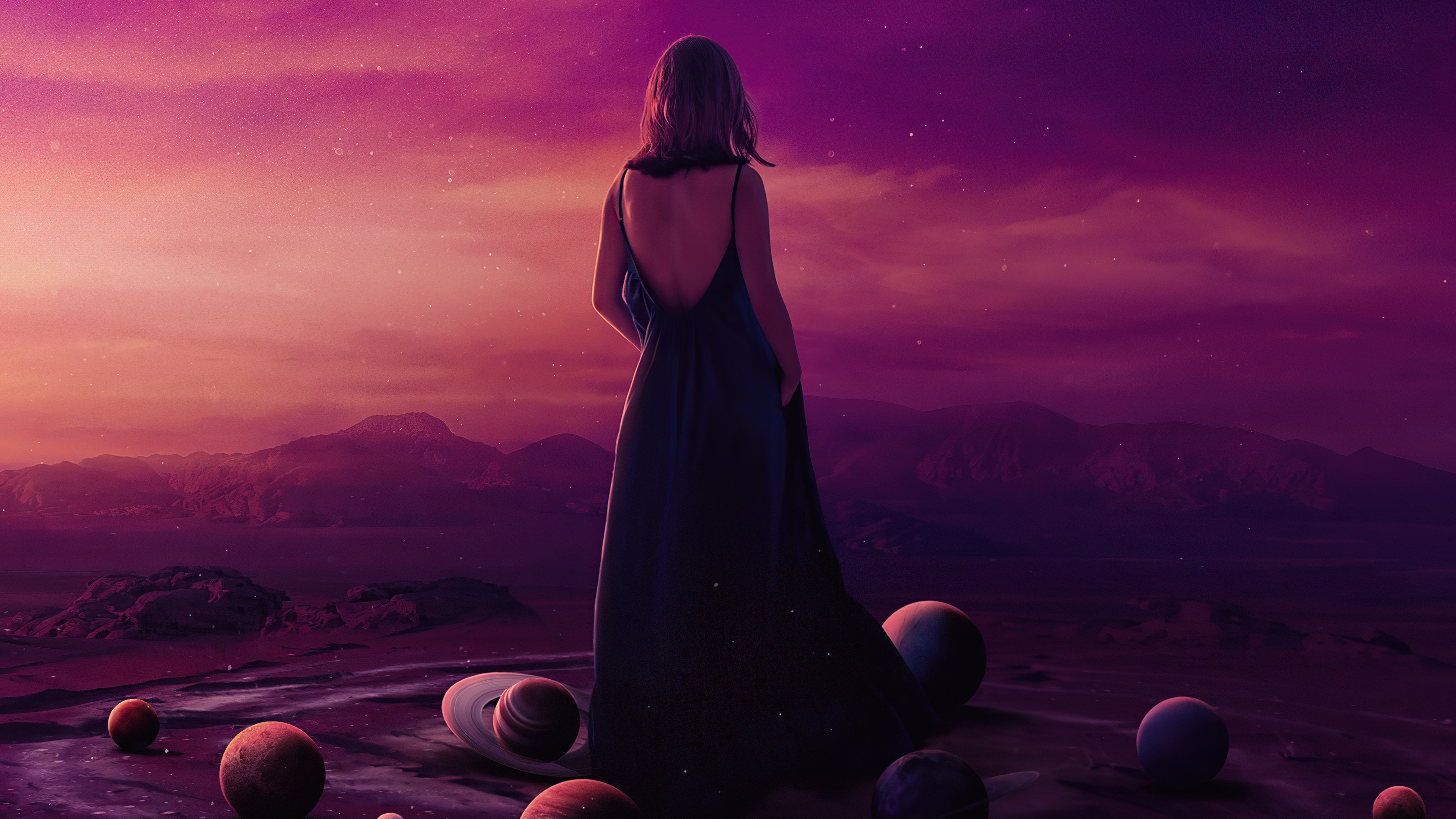 Woman in a dress on an alien planet with planets HD Wallpaper