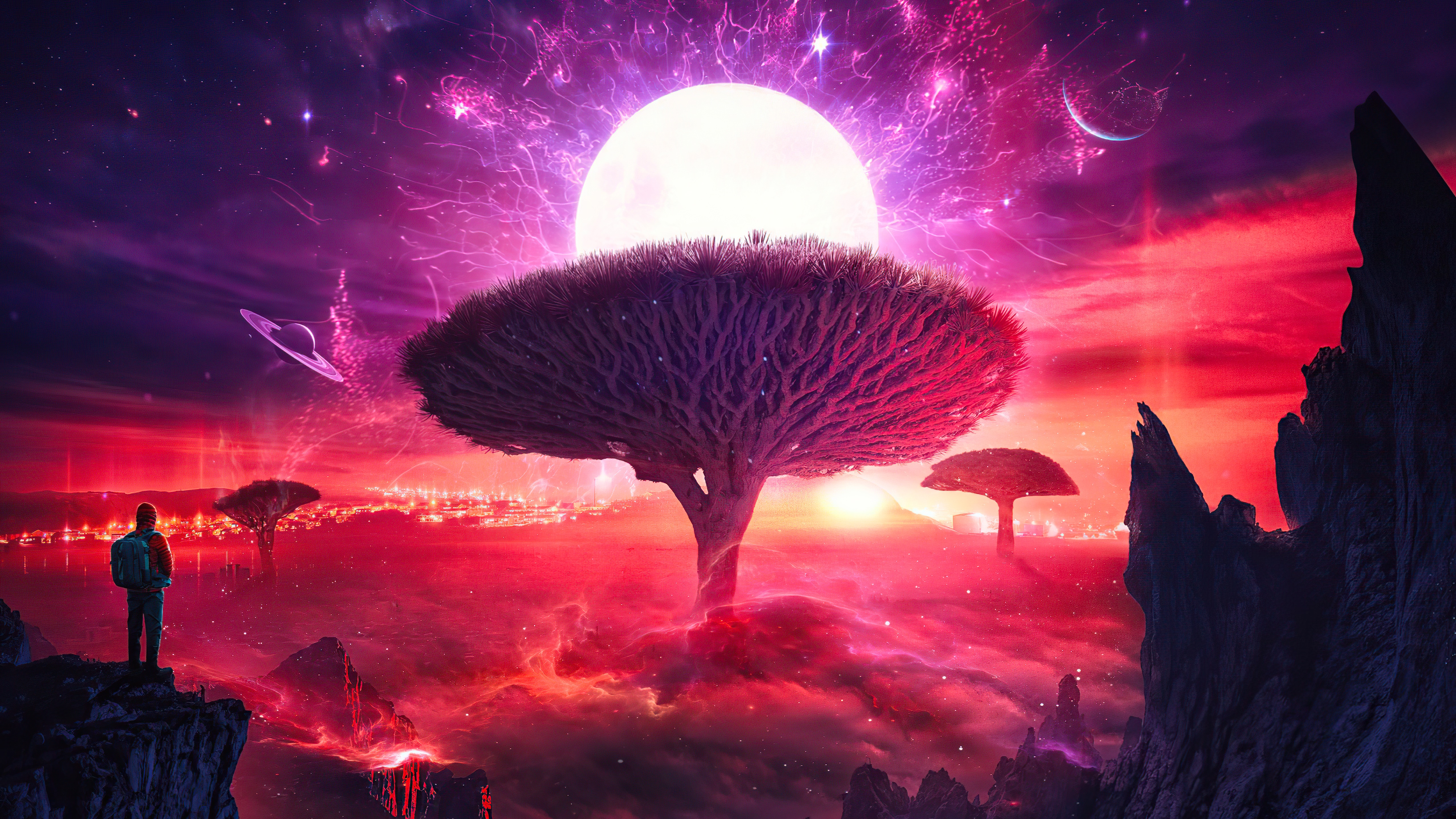 Alien landscape with person and large tree HD Wallpaper