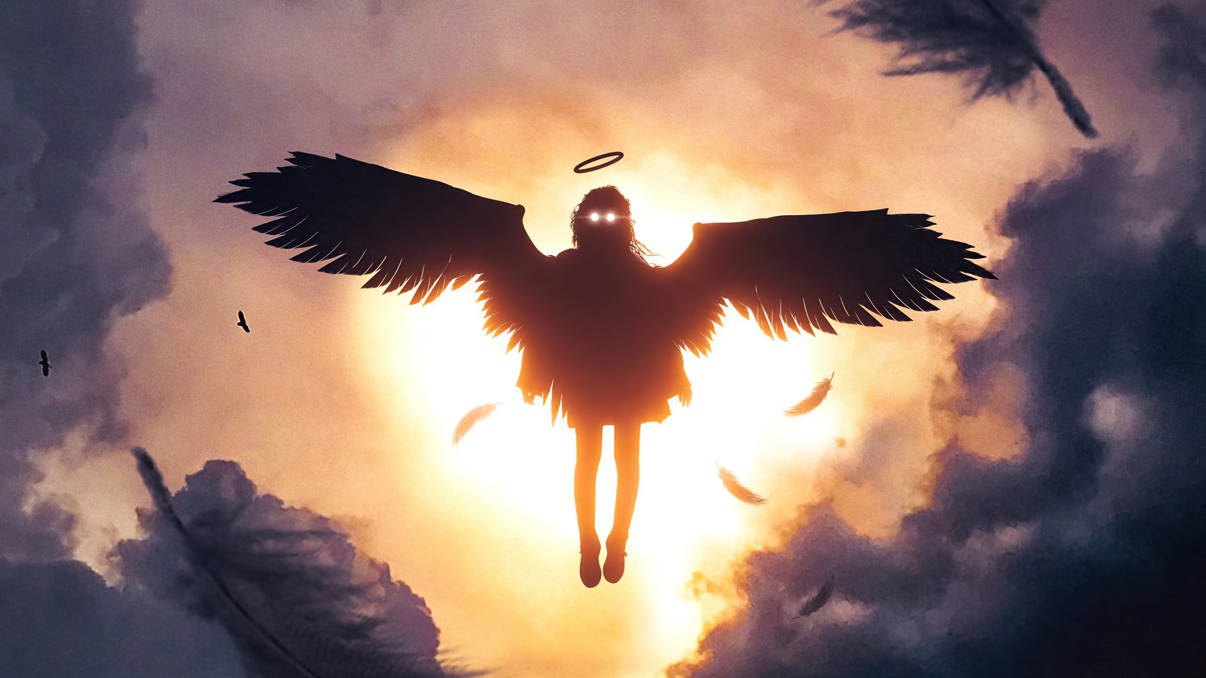 Angel with wings and halo in the sky HD Wallpaper