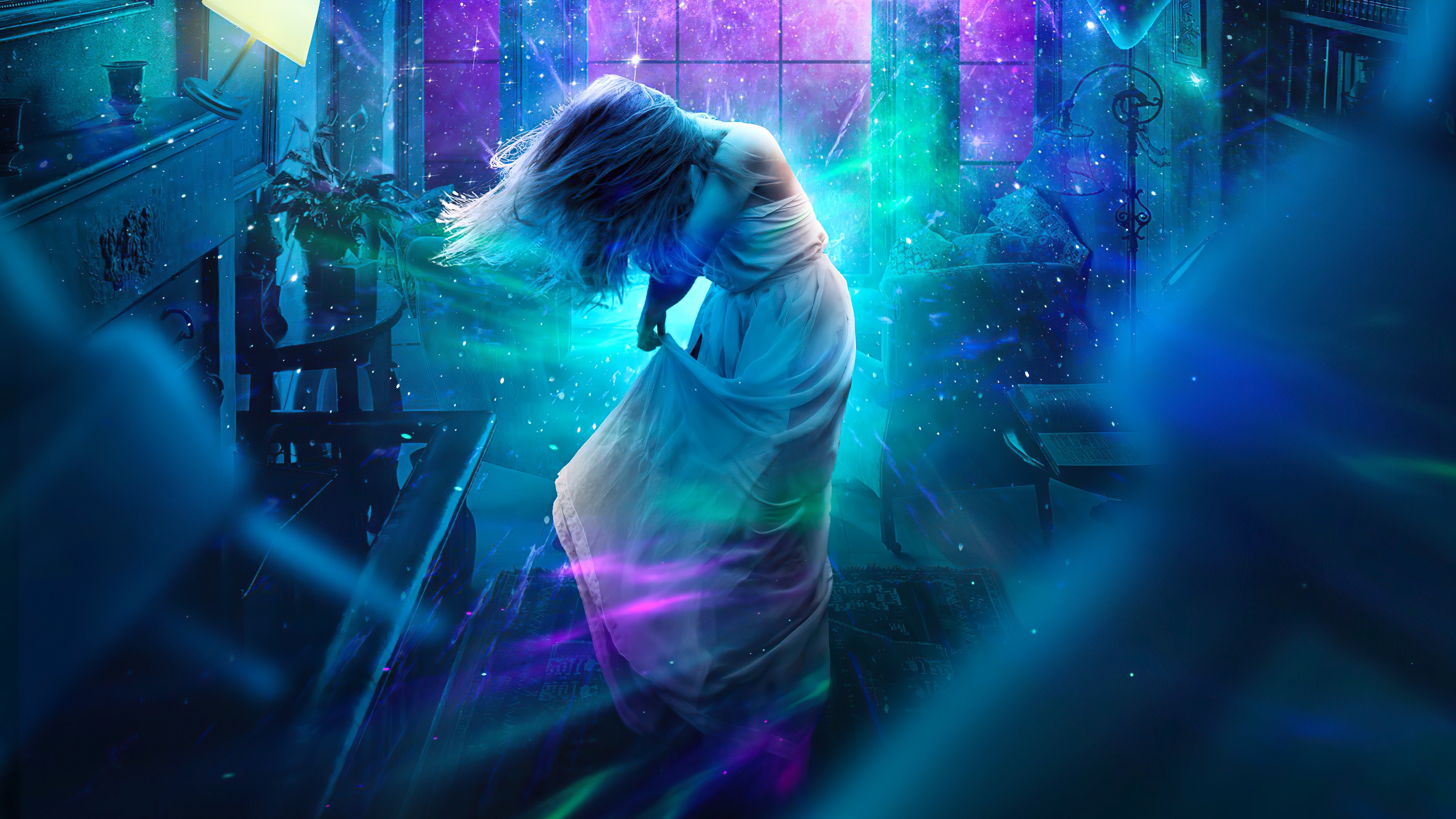 Woman dancing in a cosmic room HD Wallpaper