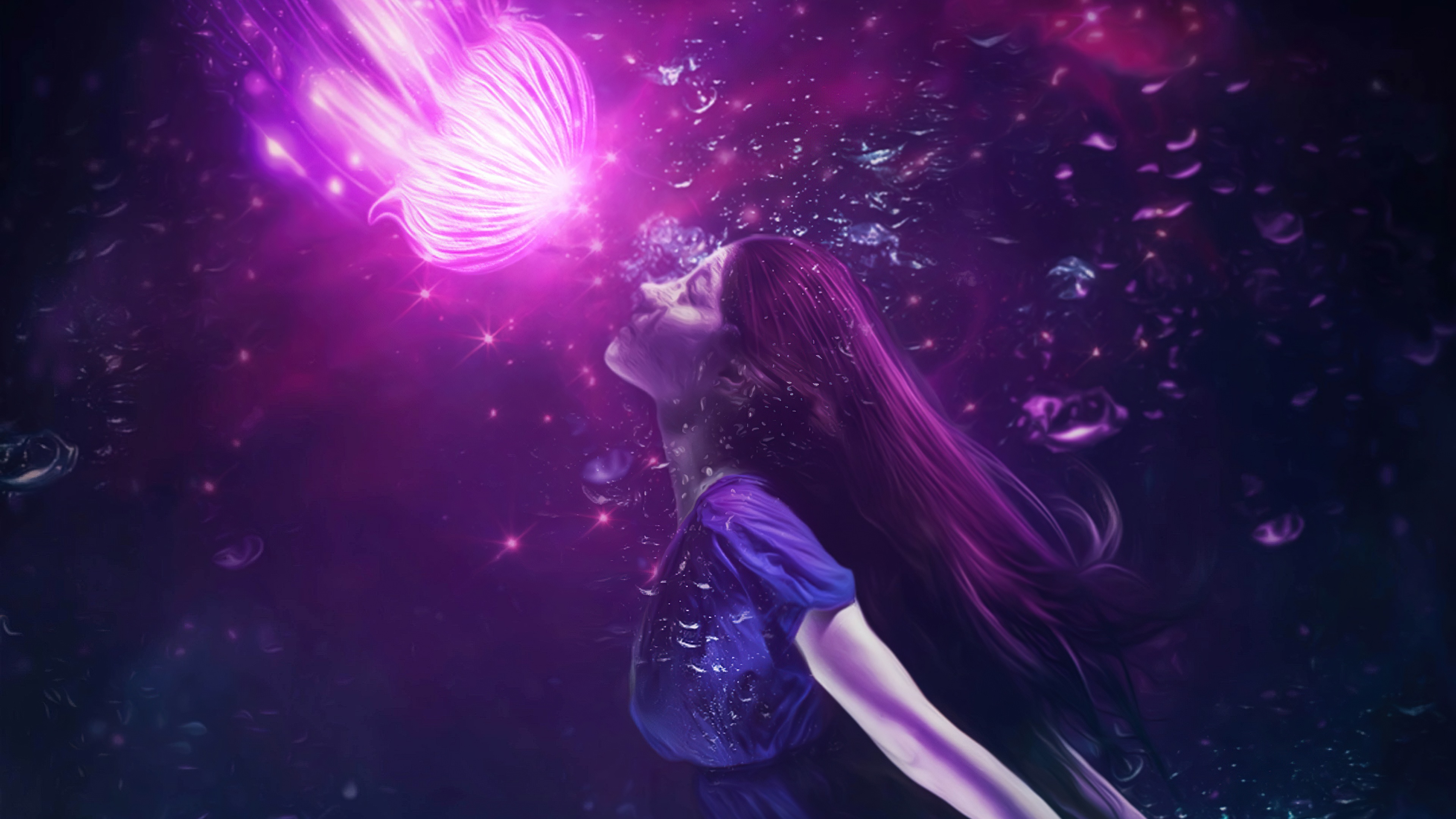 Girl looking at glowing jellyfish in water 4K HD Wallpaper