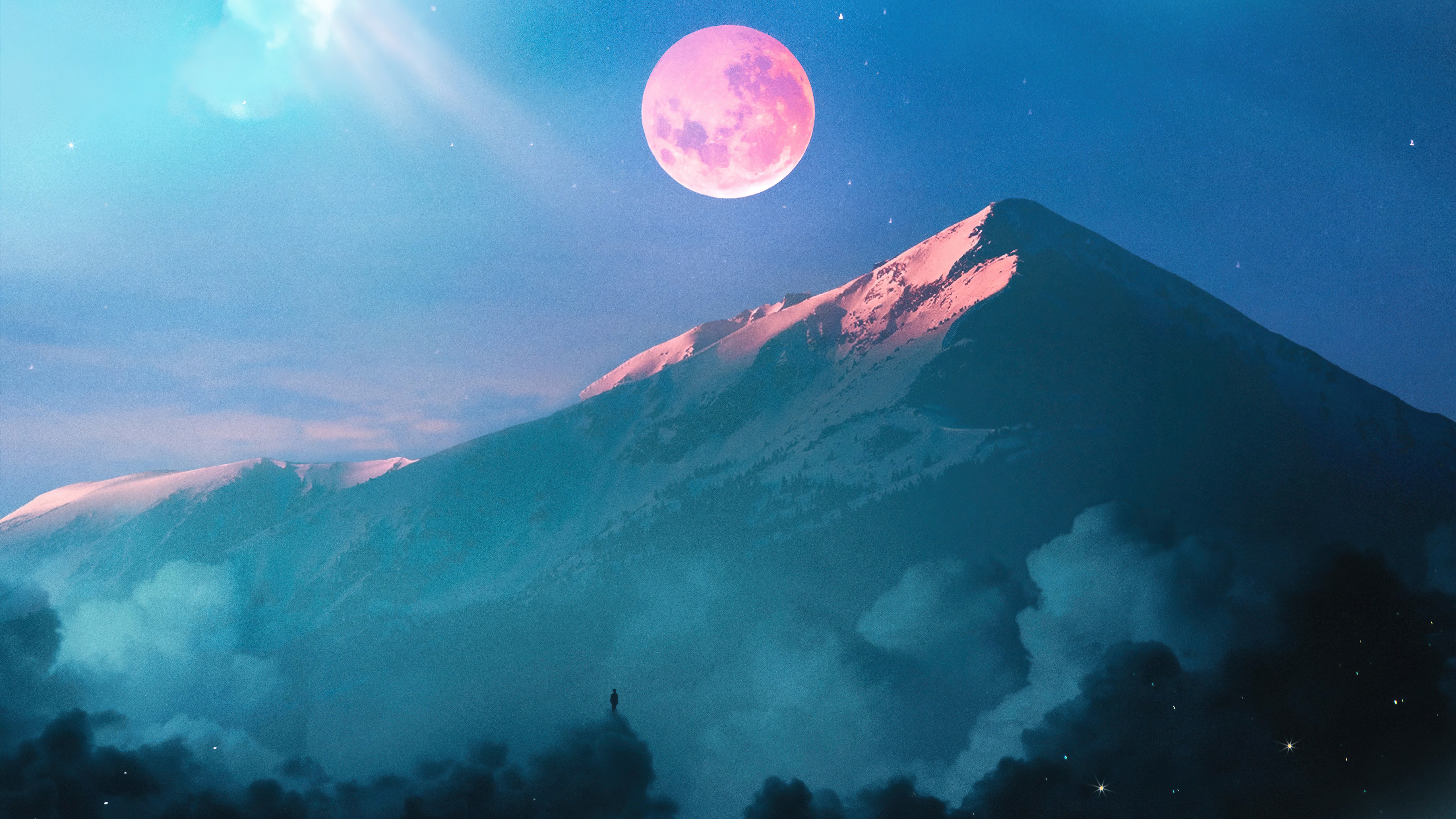Digital art of a lone figure on a mountain peak under a pink moon HD Wallpaper
