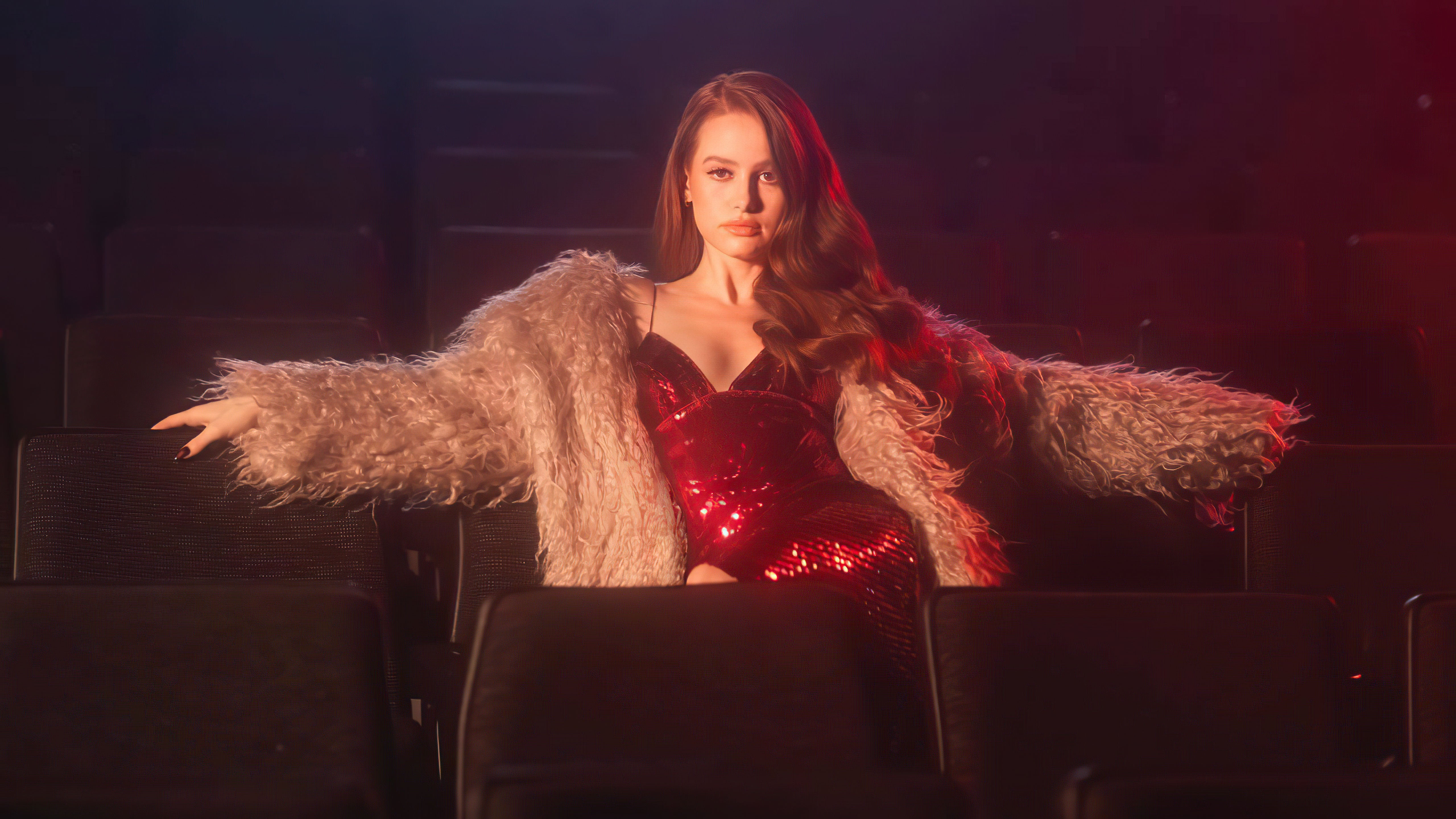 Madelaine Petsch in a red sequined dress and fur coat HD Wallpaper