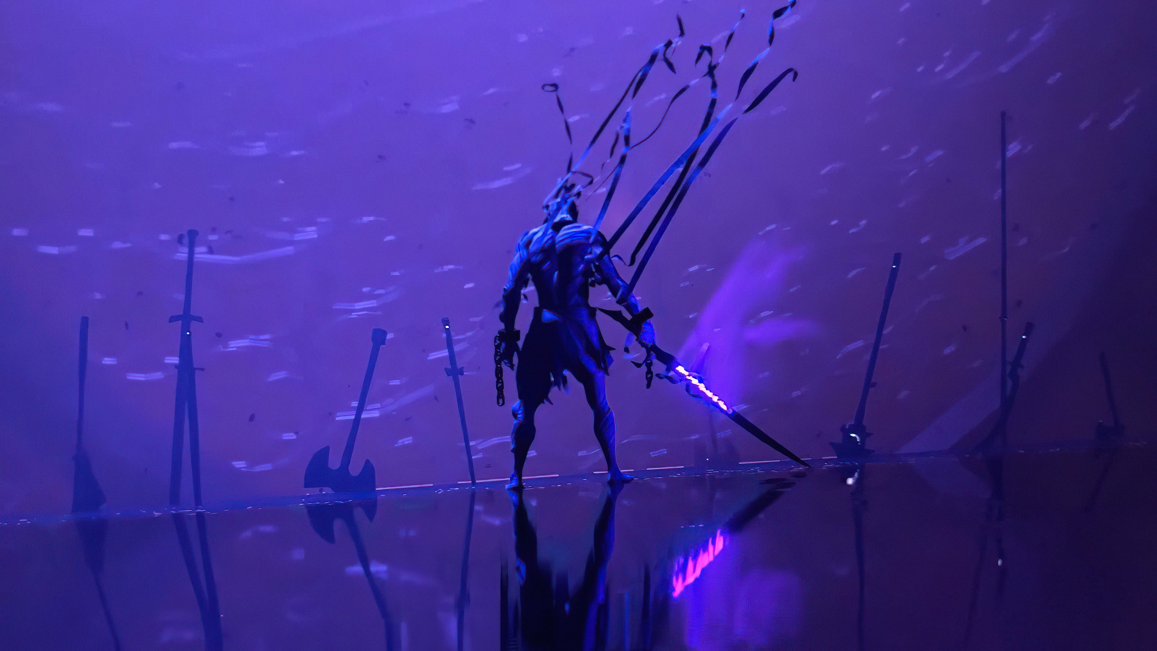 Warrior with glowing sword surrounded by weapons HD Wallpaper