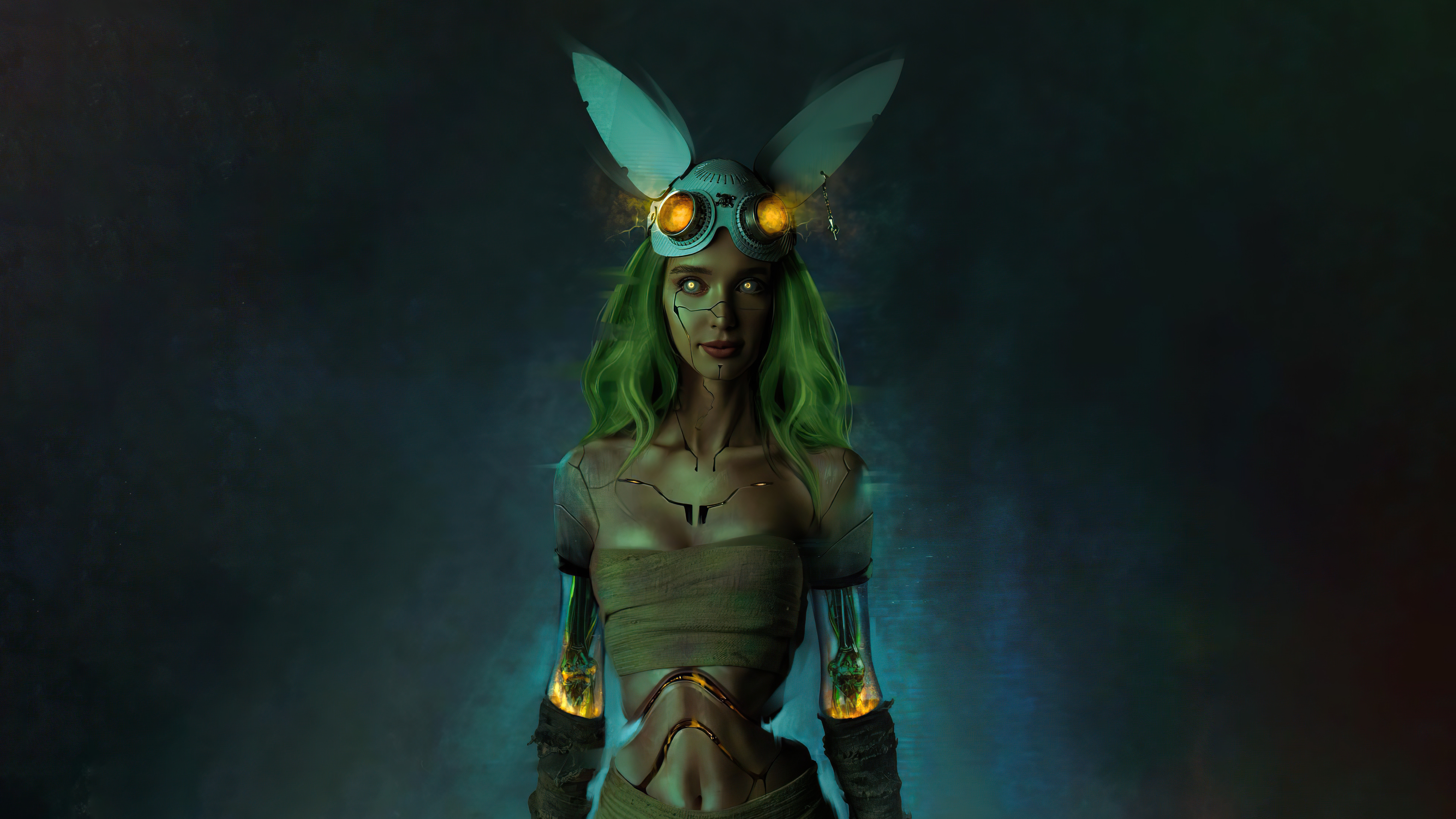 Cyborg woman with green hair and bunny ears HD Wallpaper