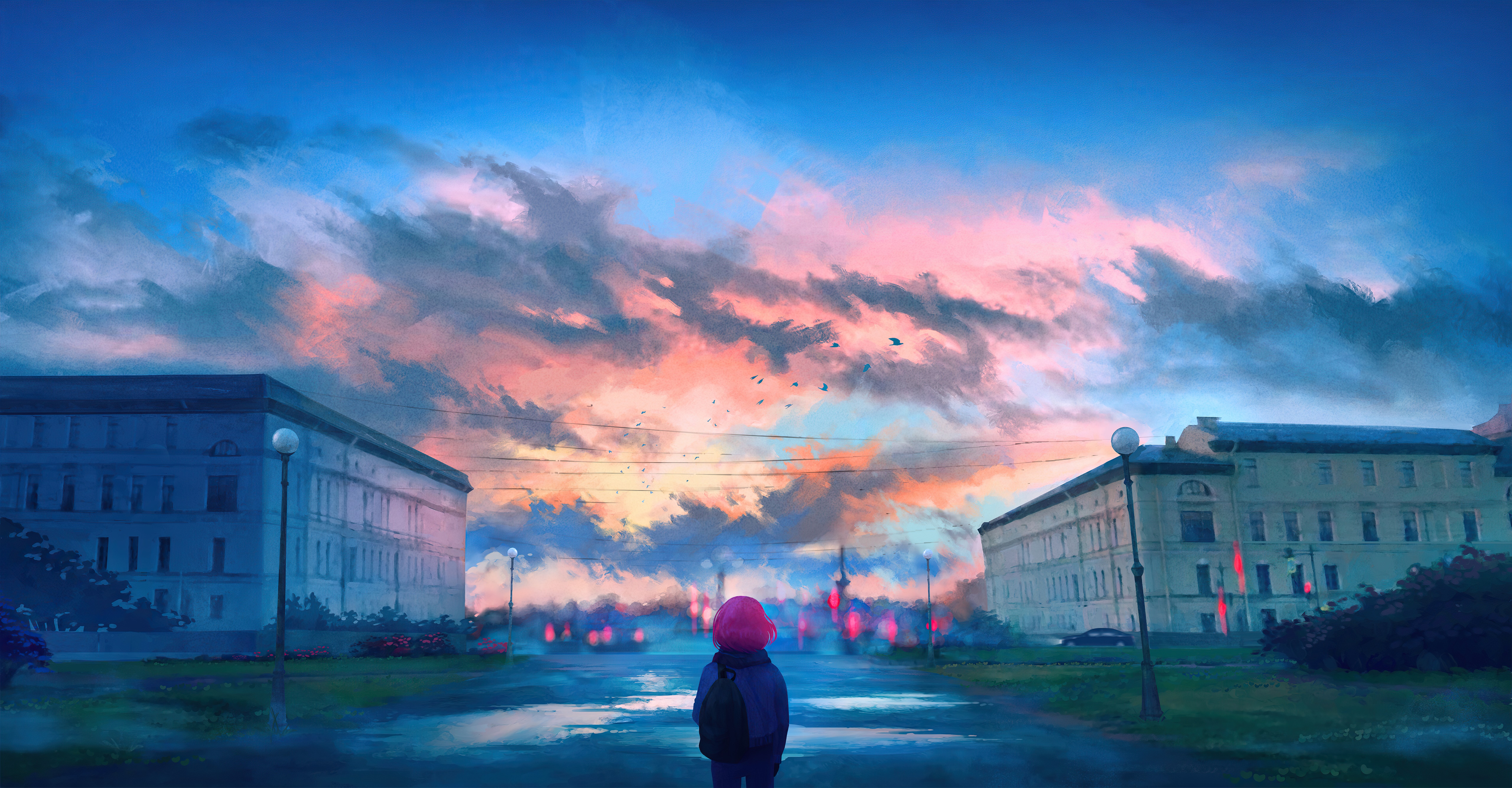 Artwork of a person looking at a colorful sky HD Wallpaper