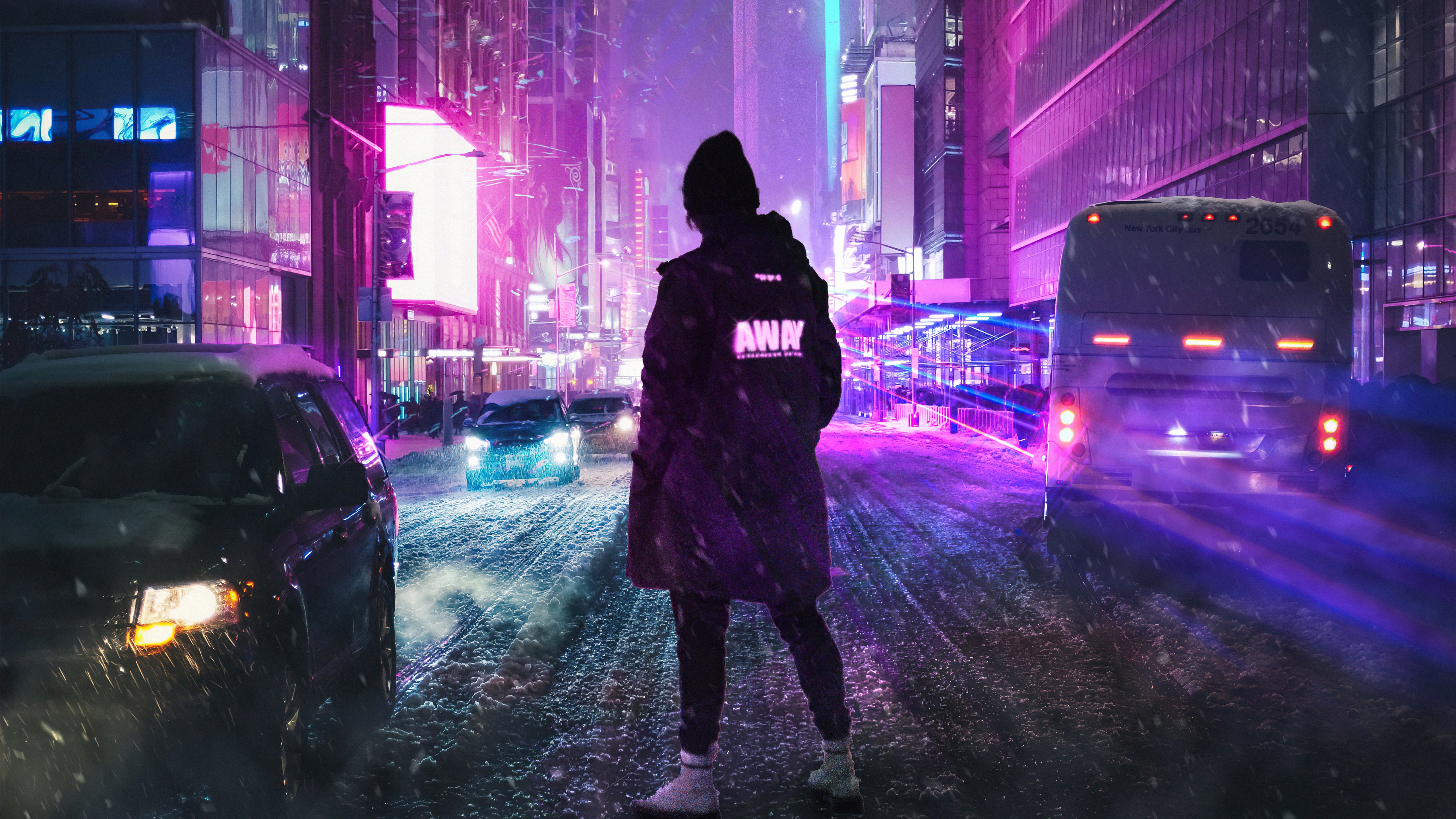 Person in a neon city at night HD Wallpaper