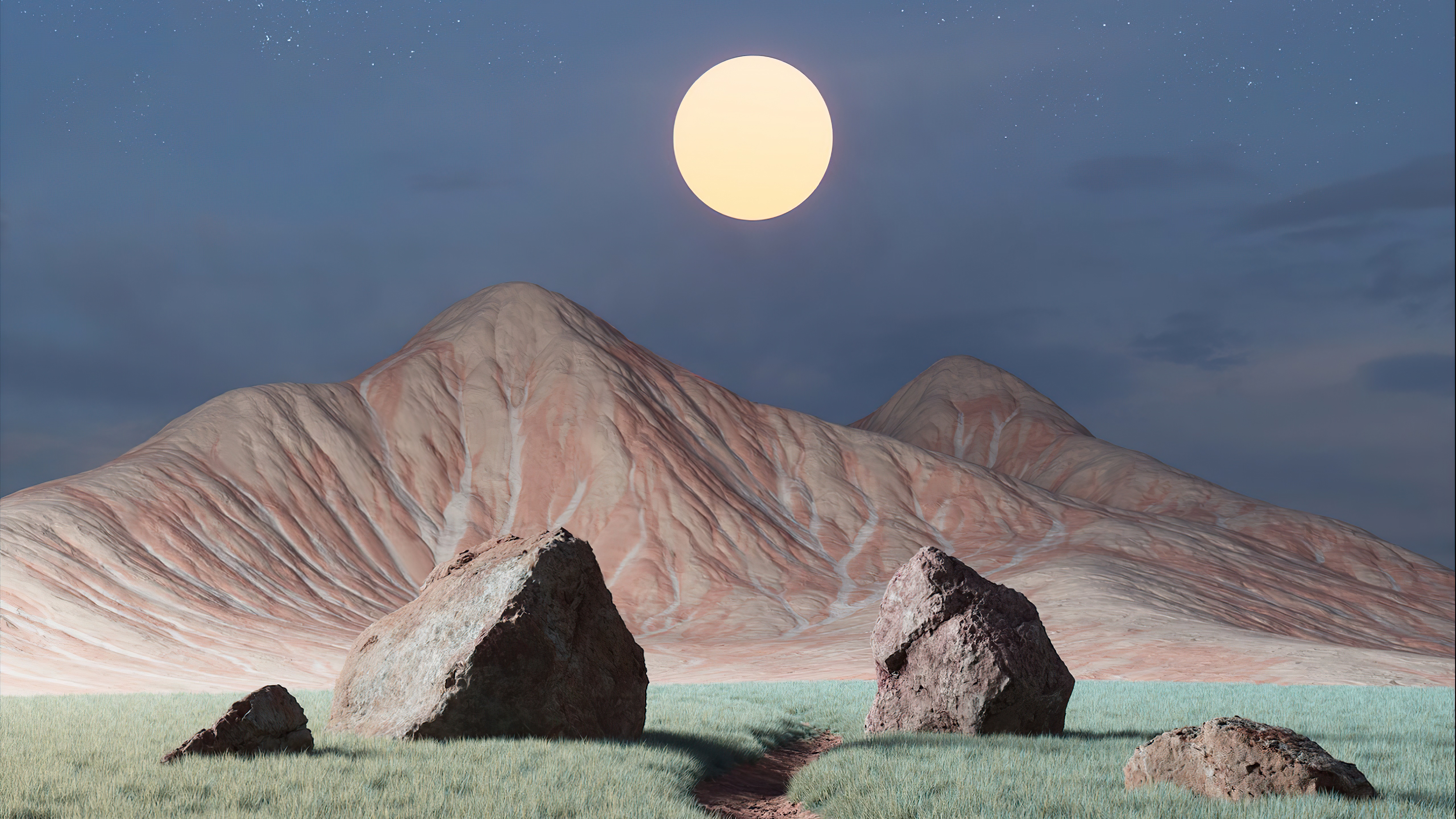 Rocky alien landscape with a large moon HD Wallpaper