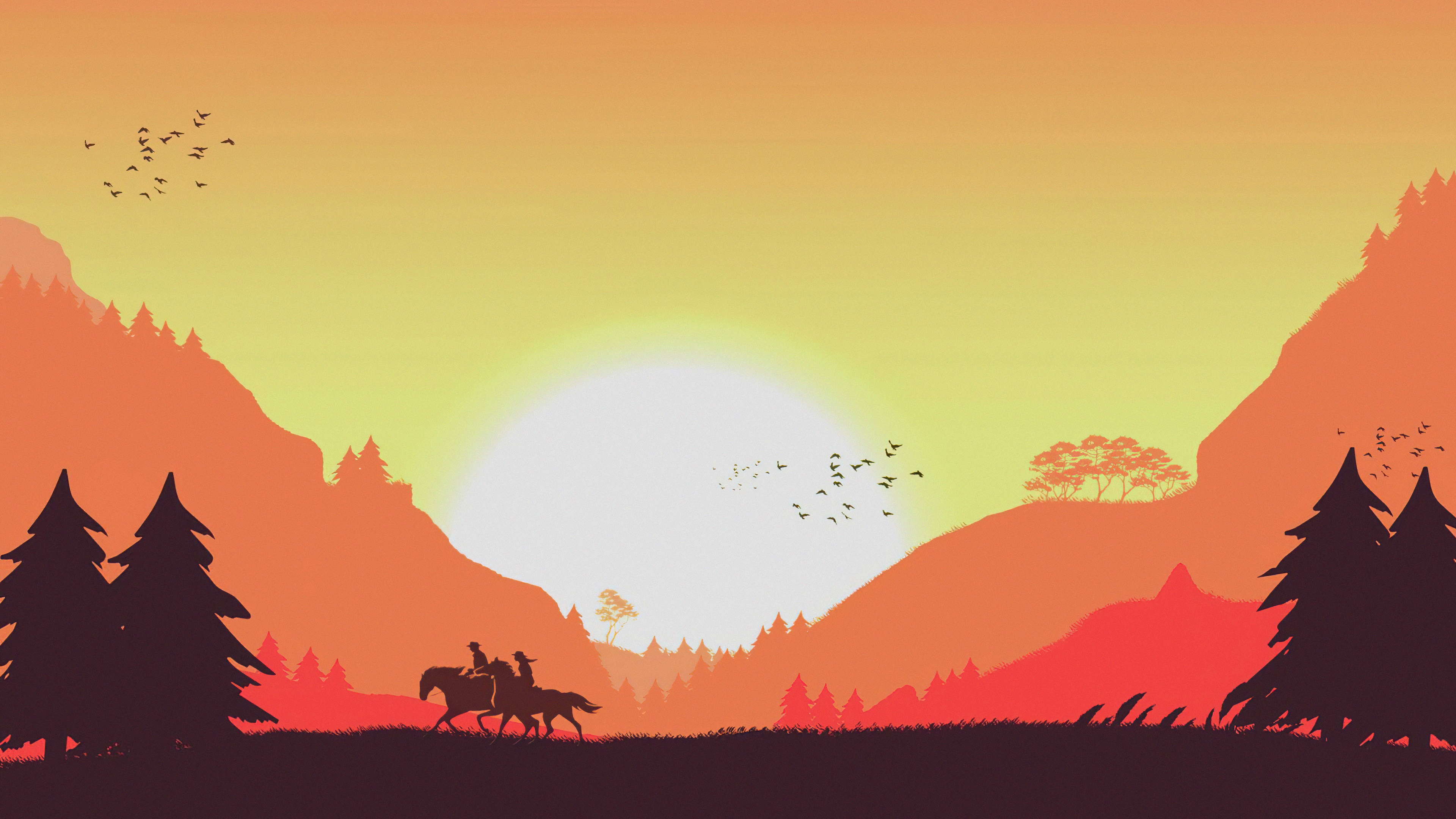 Minimalist sunset landscape with two people on horseback HD Wallpaper