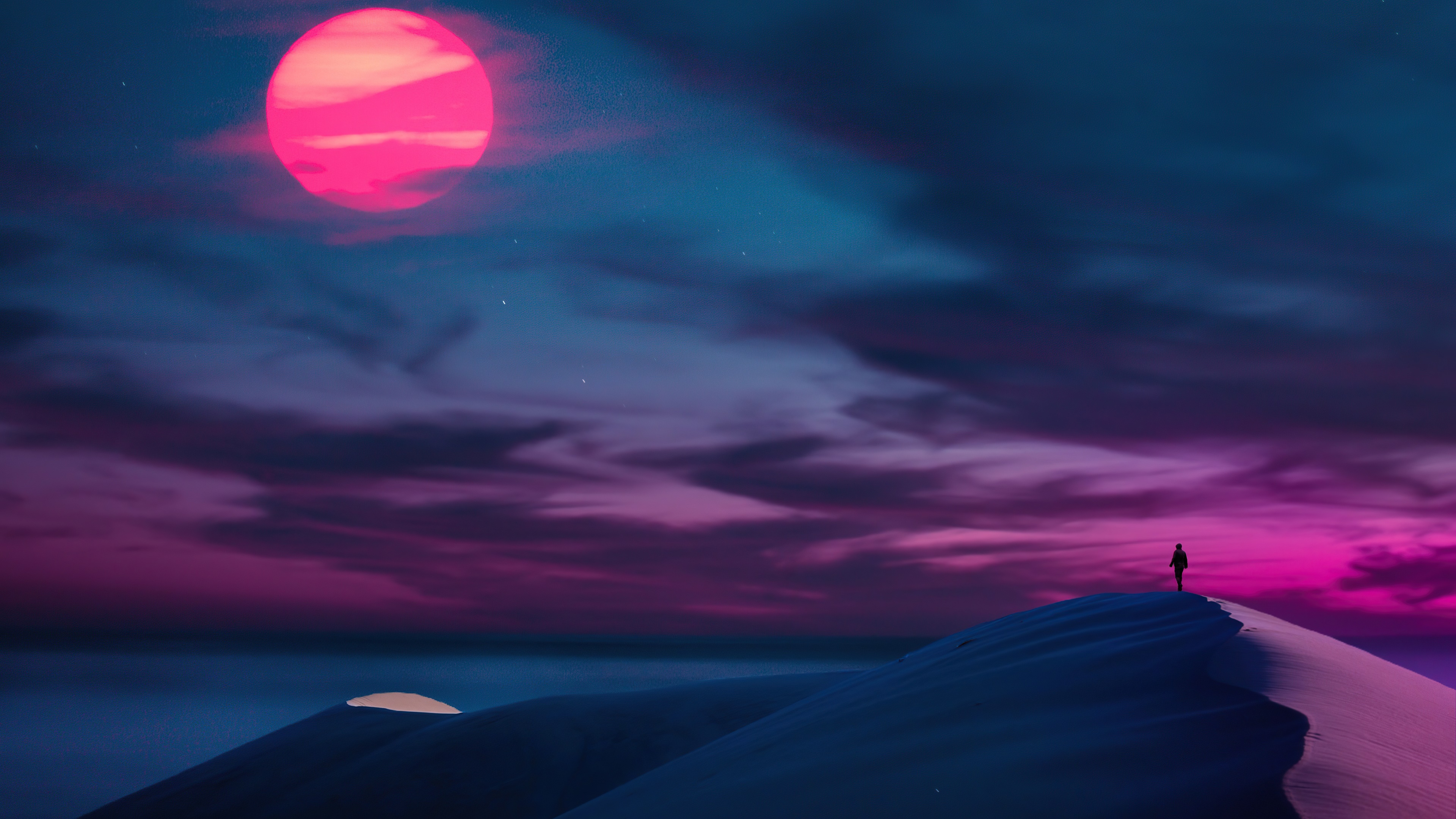 Person standing on sand dune under pink sun and clouds 4K HD Wallpaper