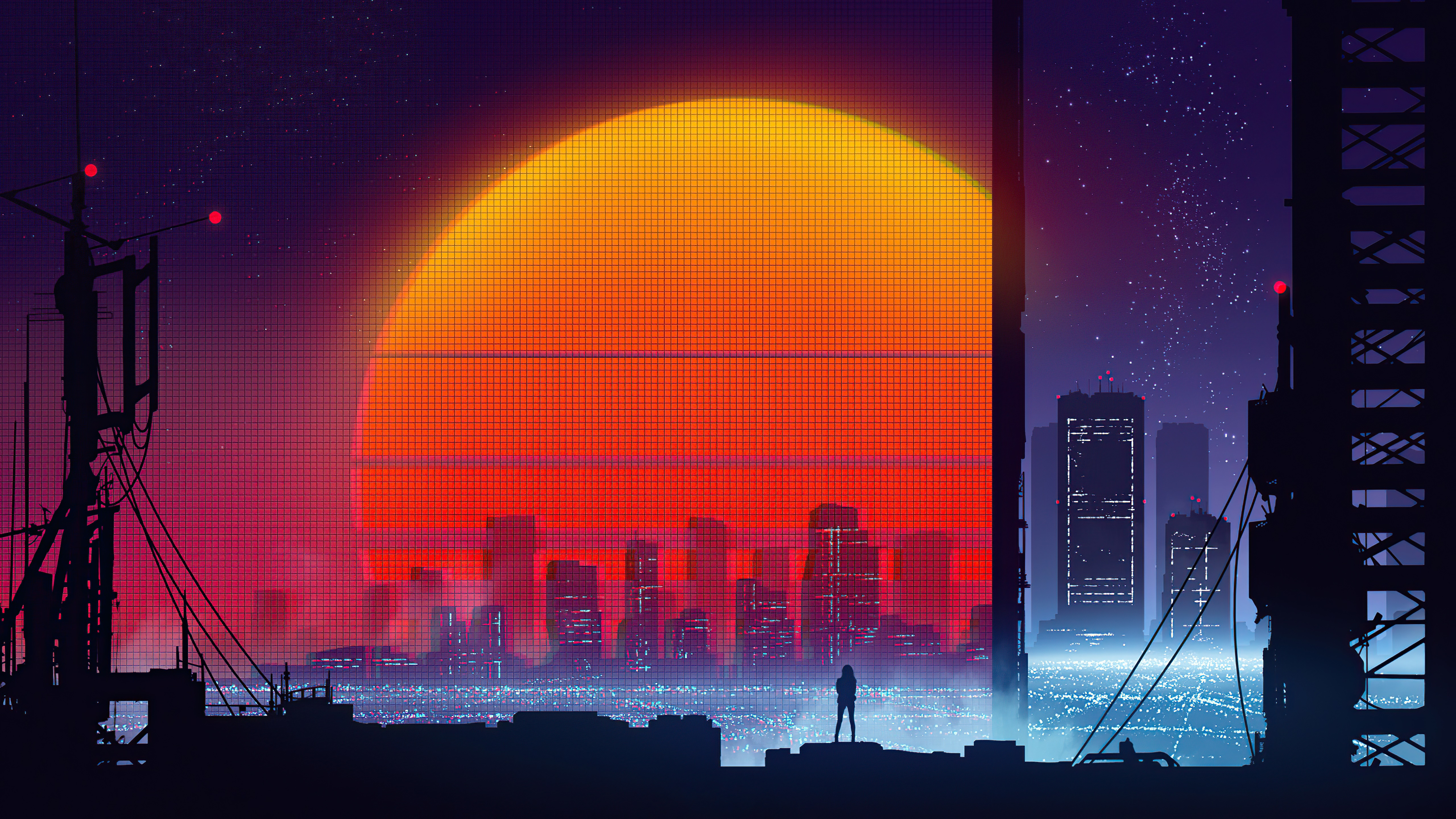 Retrowave city skyline with large sun and silhouette HD Wallpaper