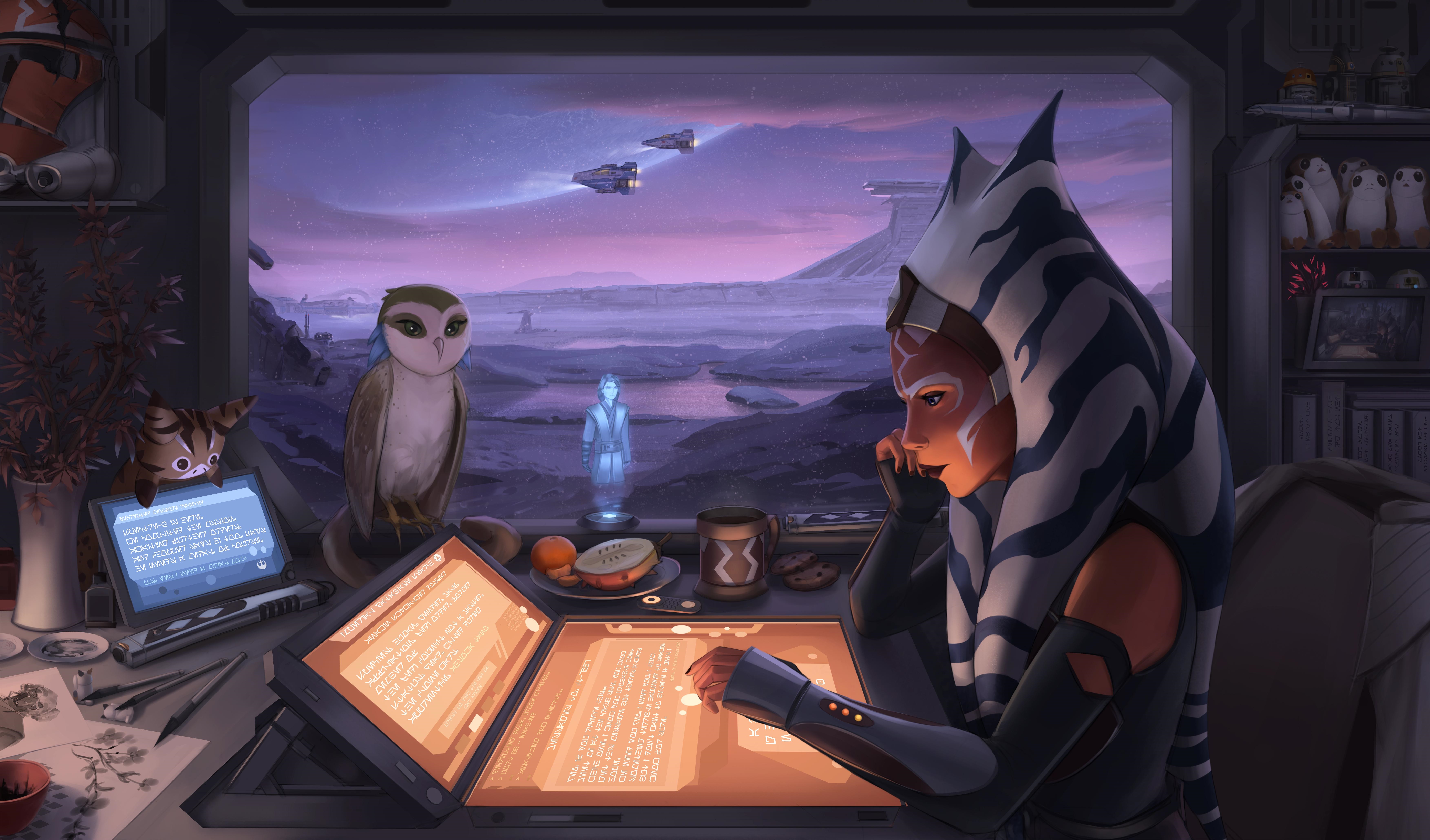 Ahsoka Tano from Star Wars working at a desk HD Wallpaper