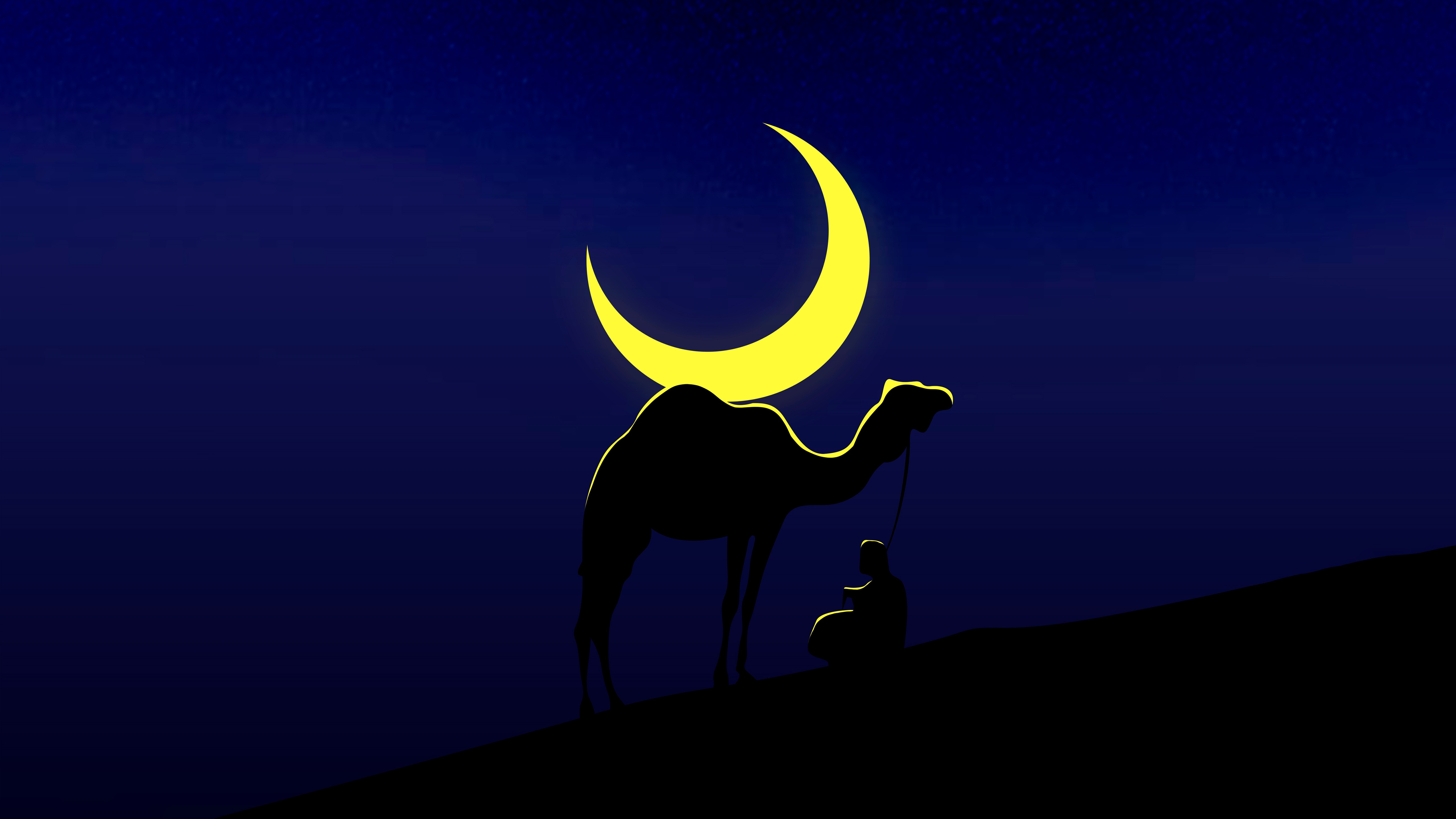 Camel and Rider under a Crescent Moon HD Wallpaper