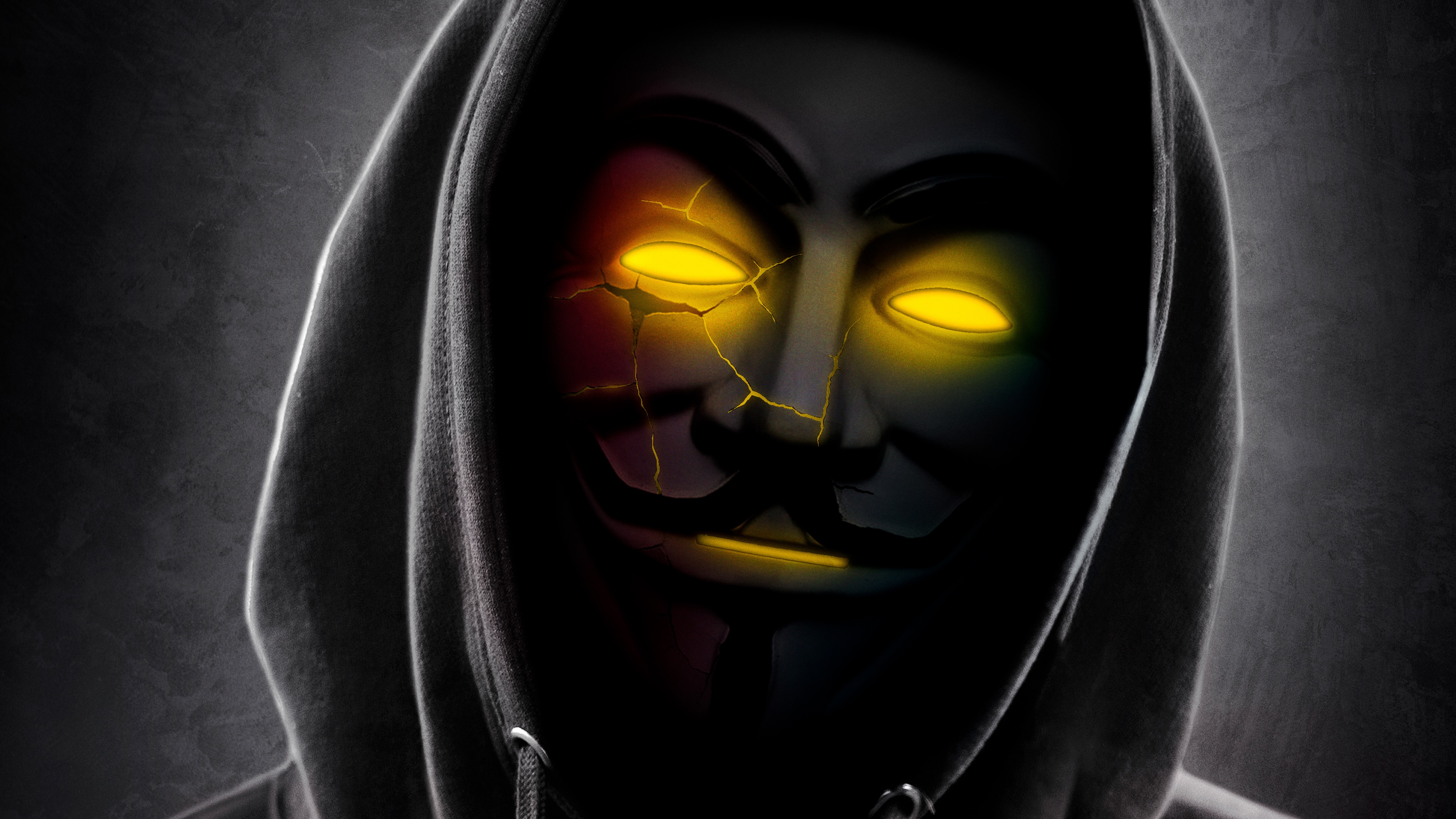Anonymous mask with glowing eyes and hood 4K HD Wallpaper