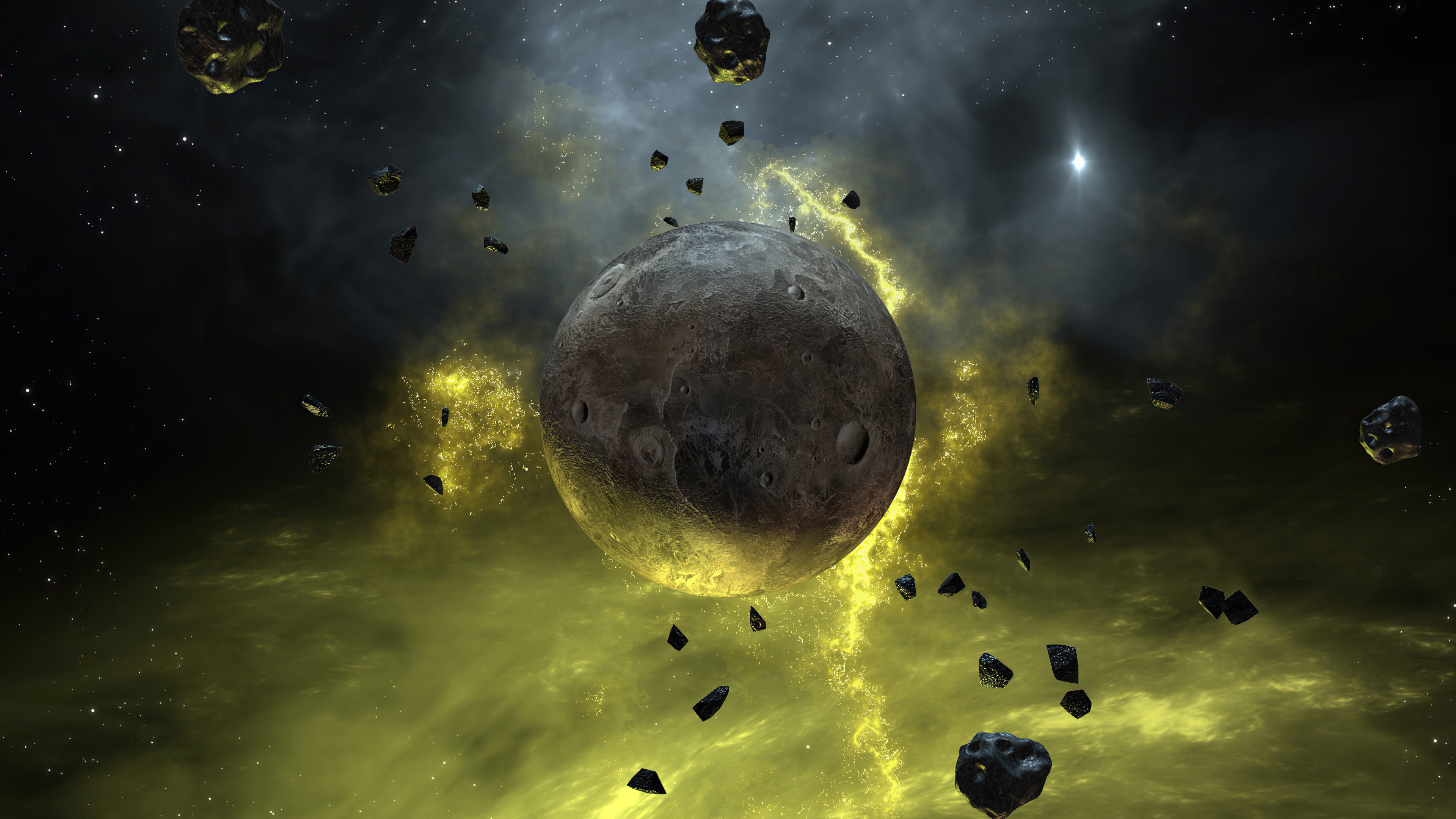 Planet and asteroids in a nebula, digital art 4K HD Wallpaper