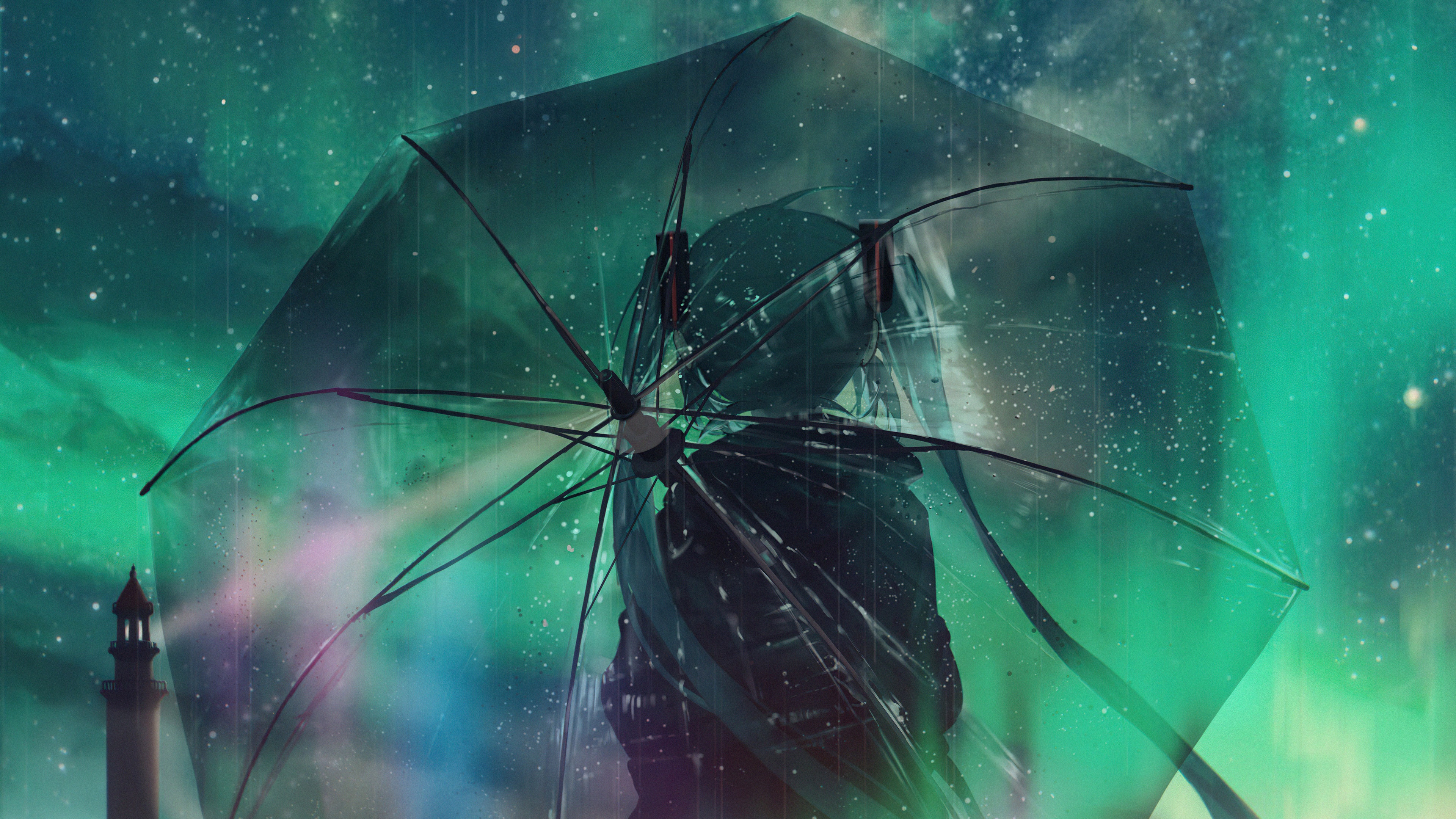 Hatsune Miku under an umbrella in a starry sky HD Wallpaper