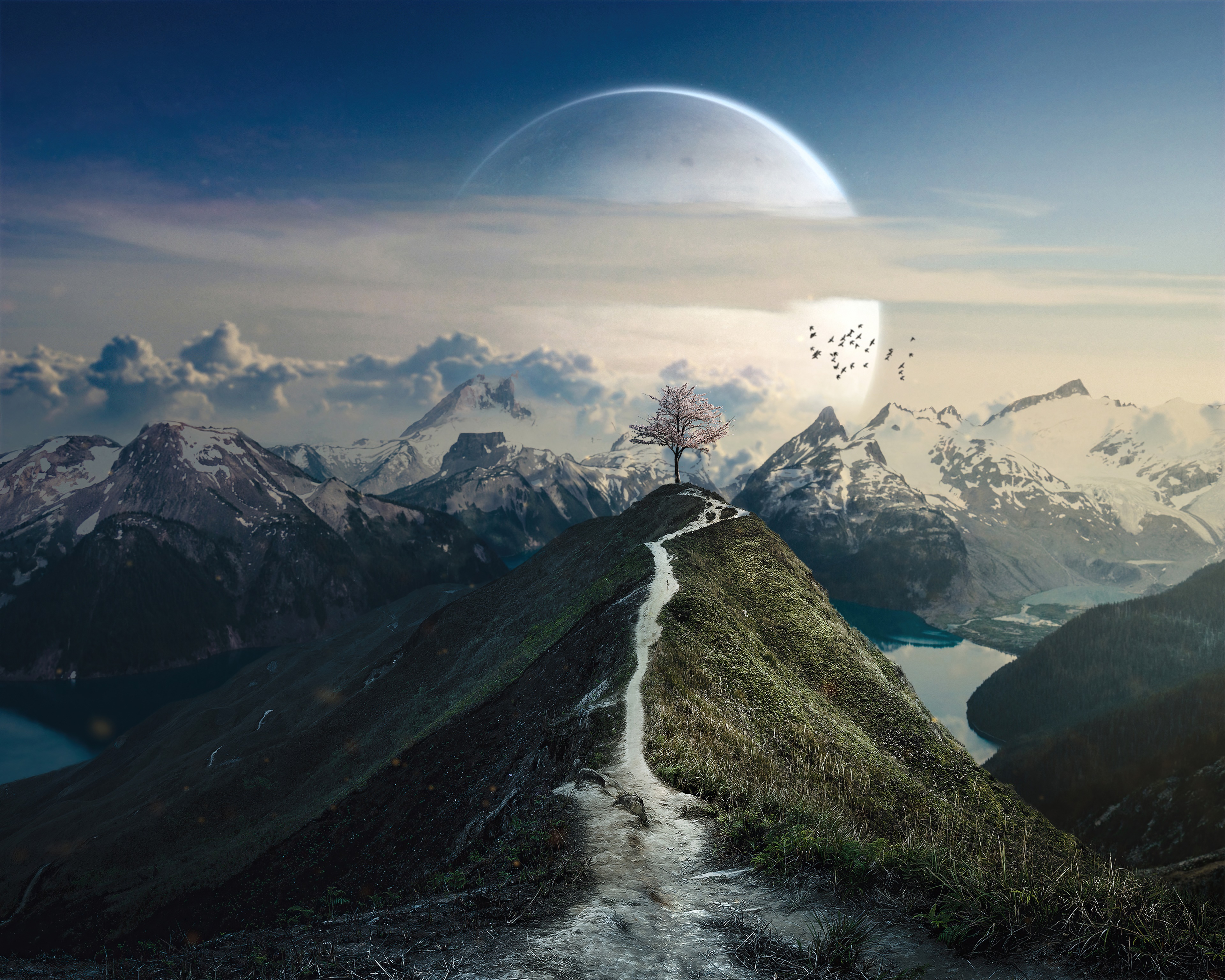 Digital art of a lone tree on a mountain peak with a large moon HD Wallpaper