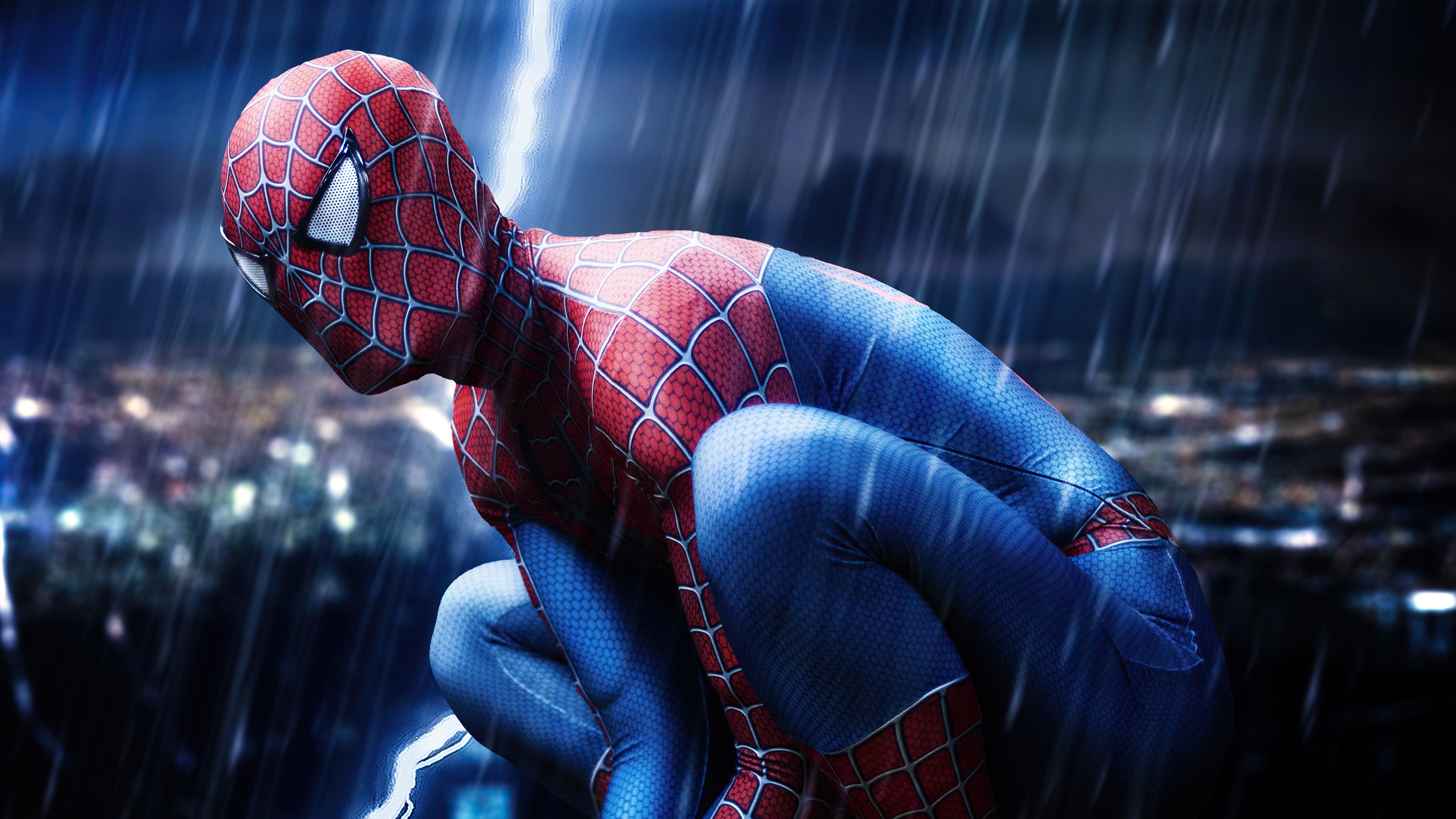 Spider-Man in the rain with lightning HD Wallpaper