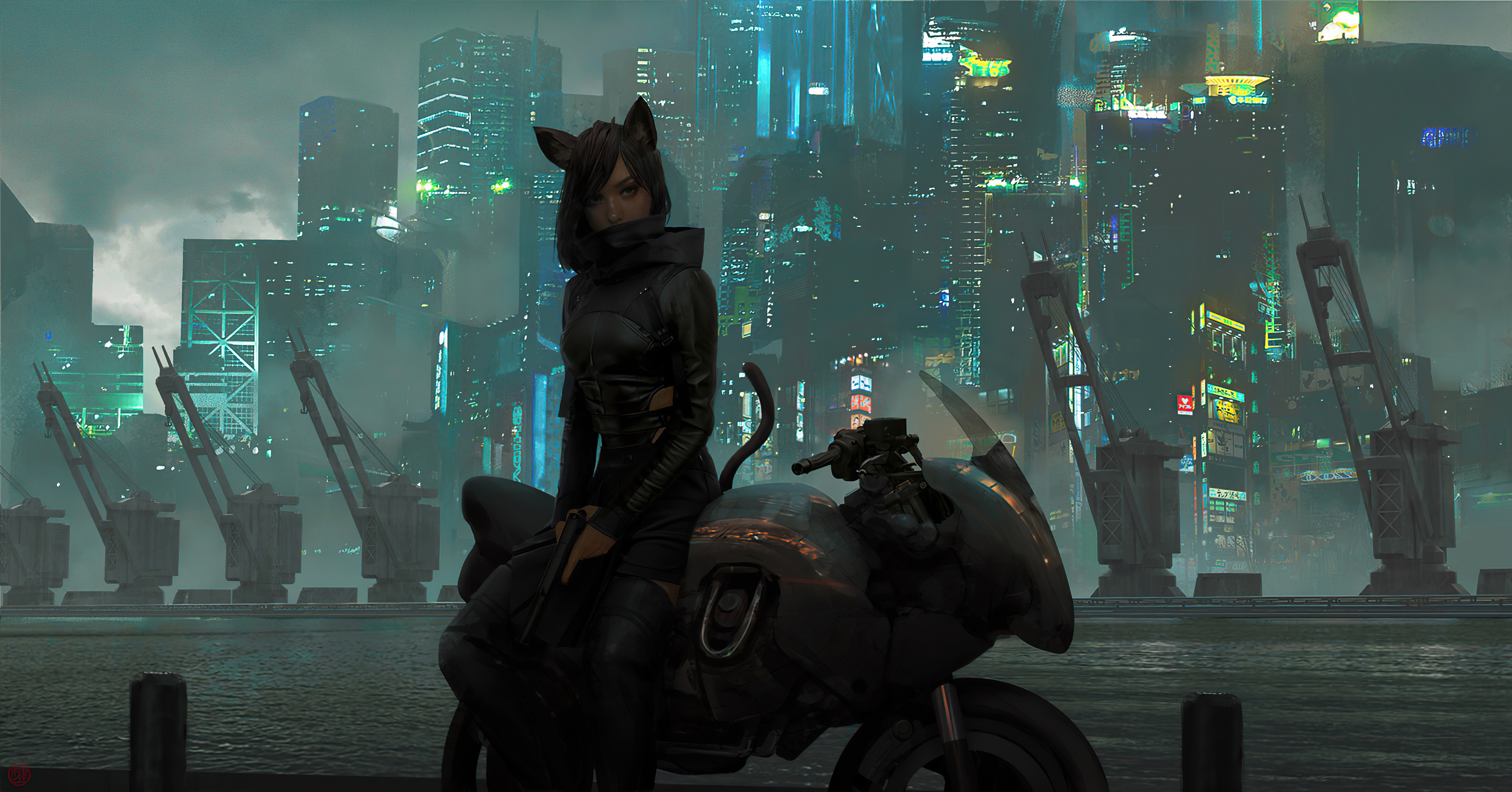 Sci-fi artwork of a cat-eared woman on a motorcycle in a futuristic city HD Wallpaper