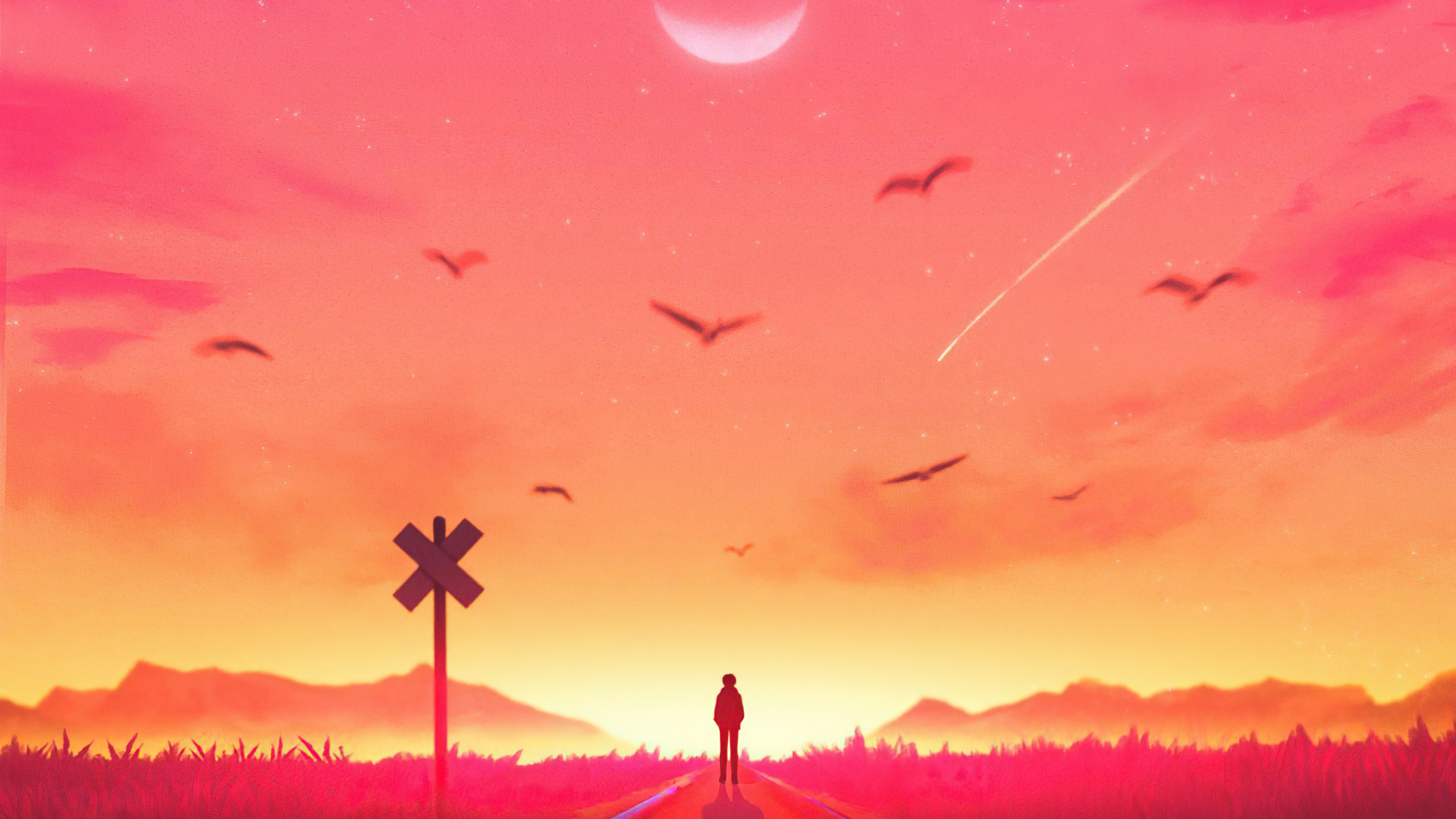 Digital art of a person standing on a railroad track at sunset HD Wallpaper