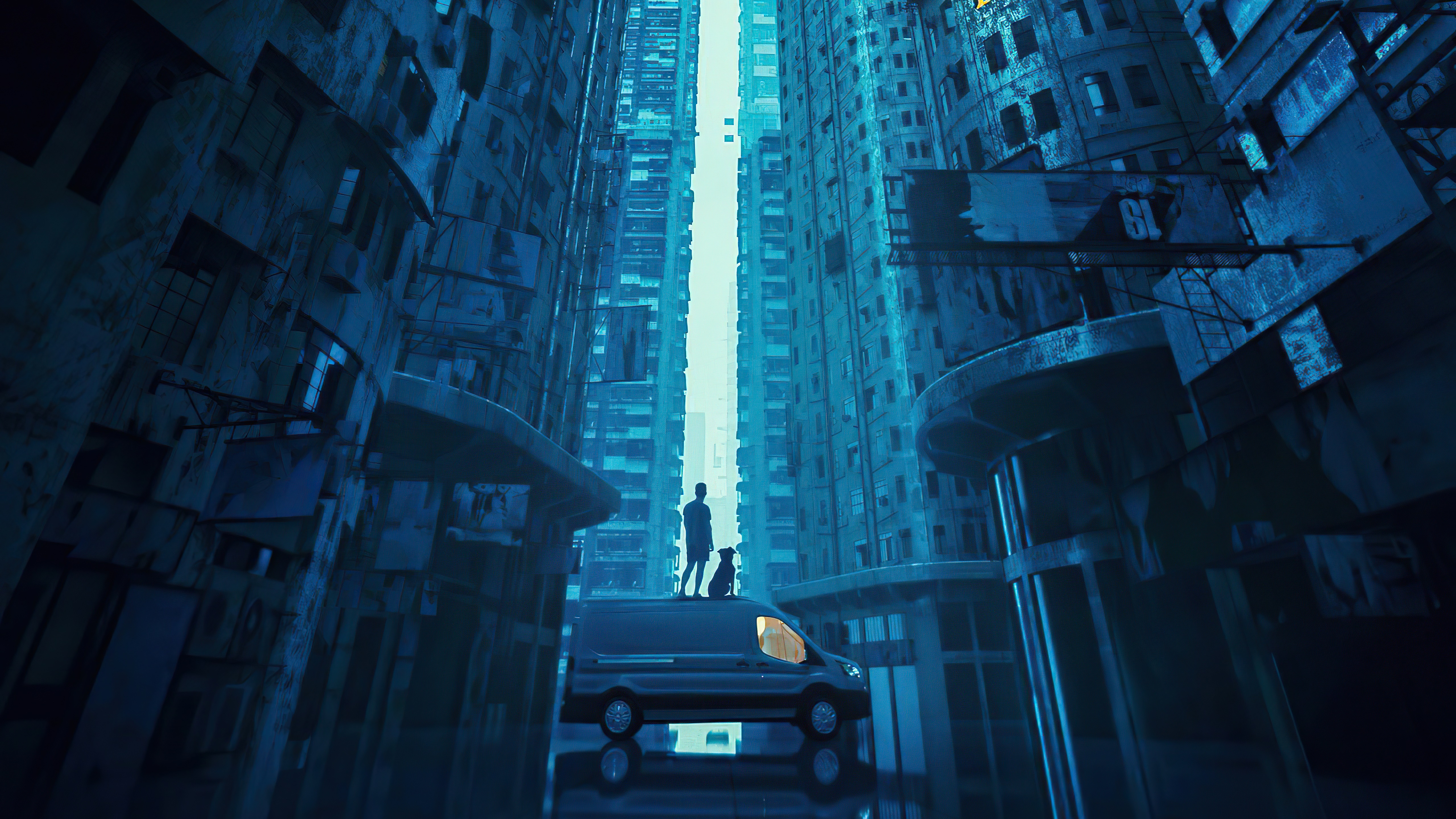 Man and dog on van in futuristic city HD Wallpaper