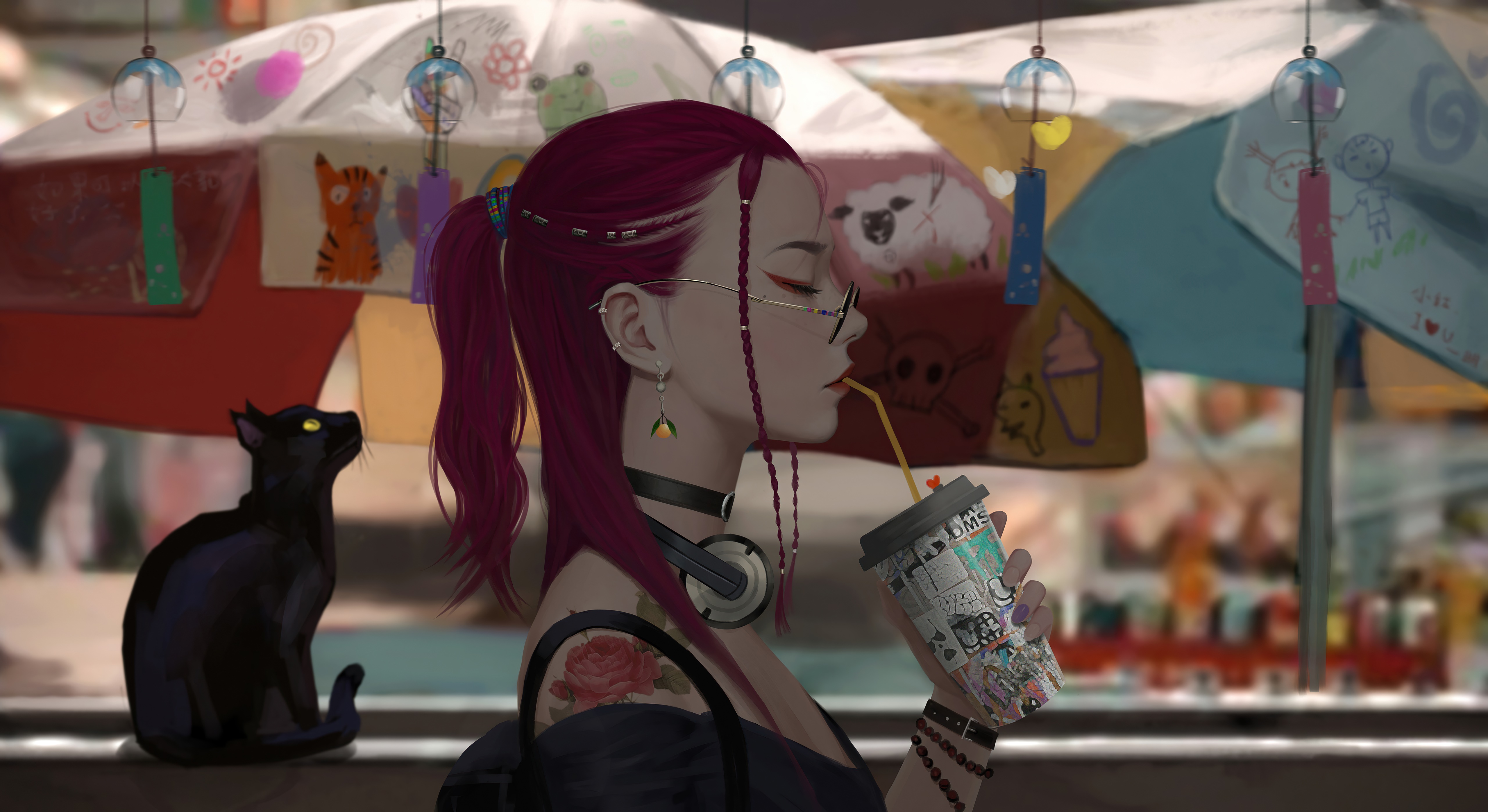 Girl with headphones and cat drinking from cup HD Wallpaper