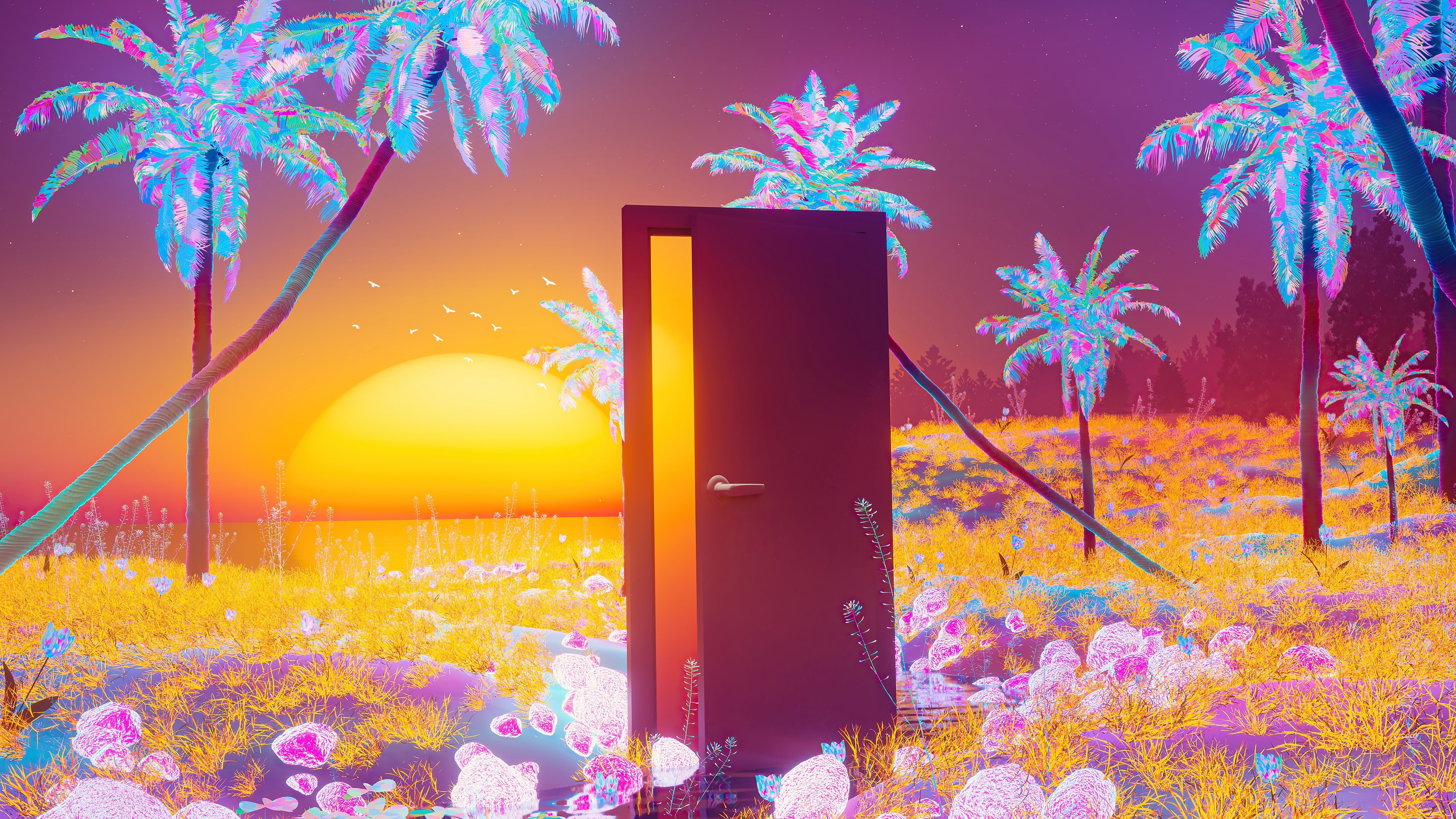 Surreal digital art of a door opening to a sunset HD Wallpaper