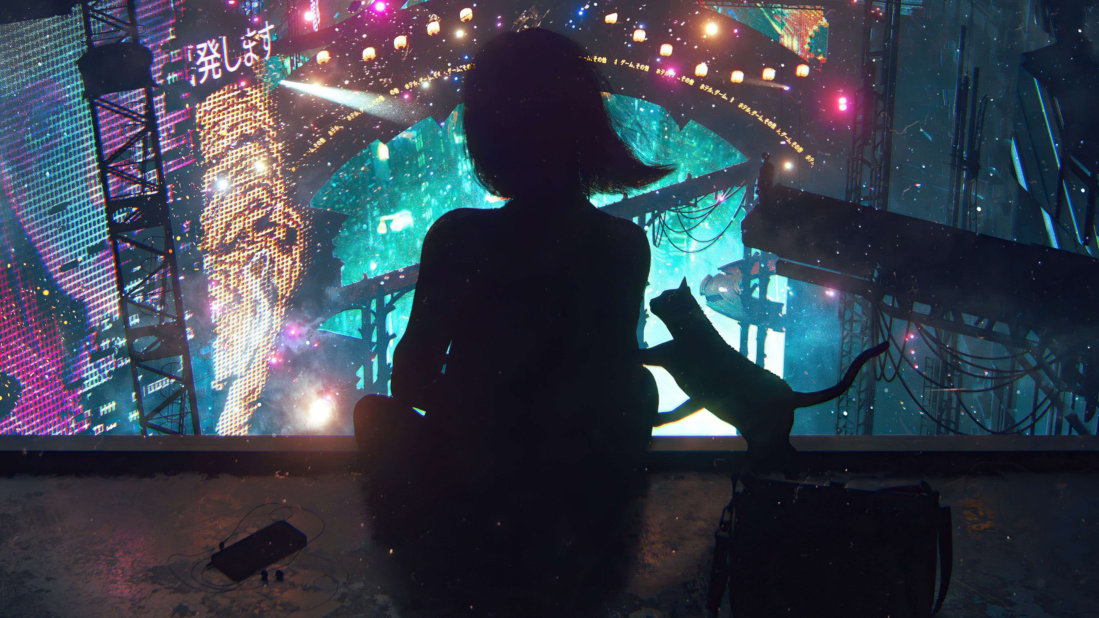Girl and cat silhouetted against a futuristic city HD Wallpaper