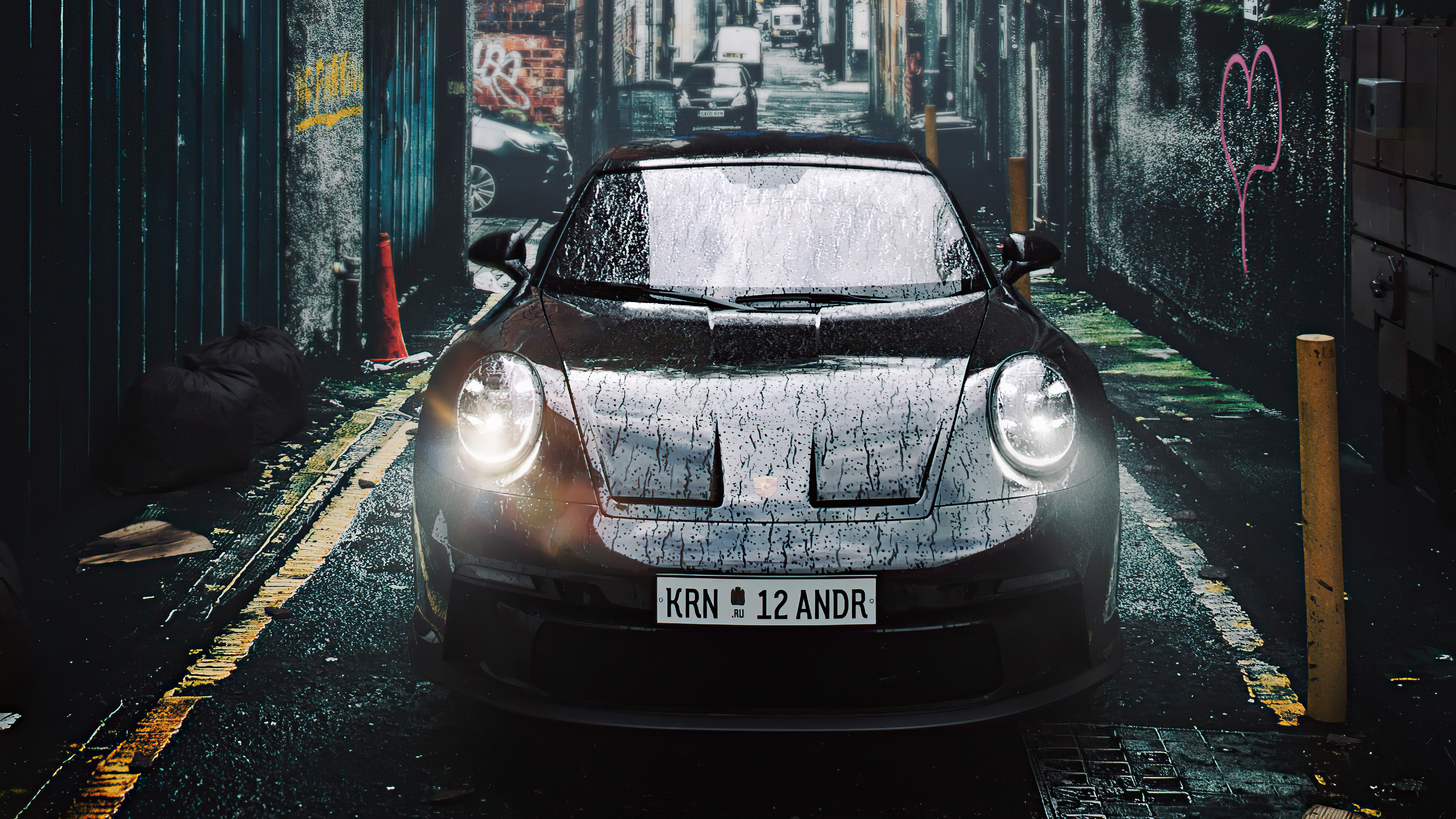 Porsche 911 in a Rainy Alley HD Wallpaper