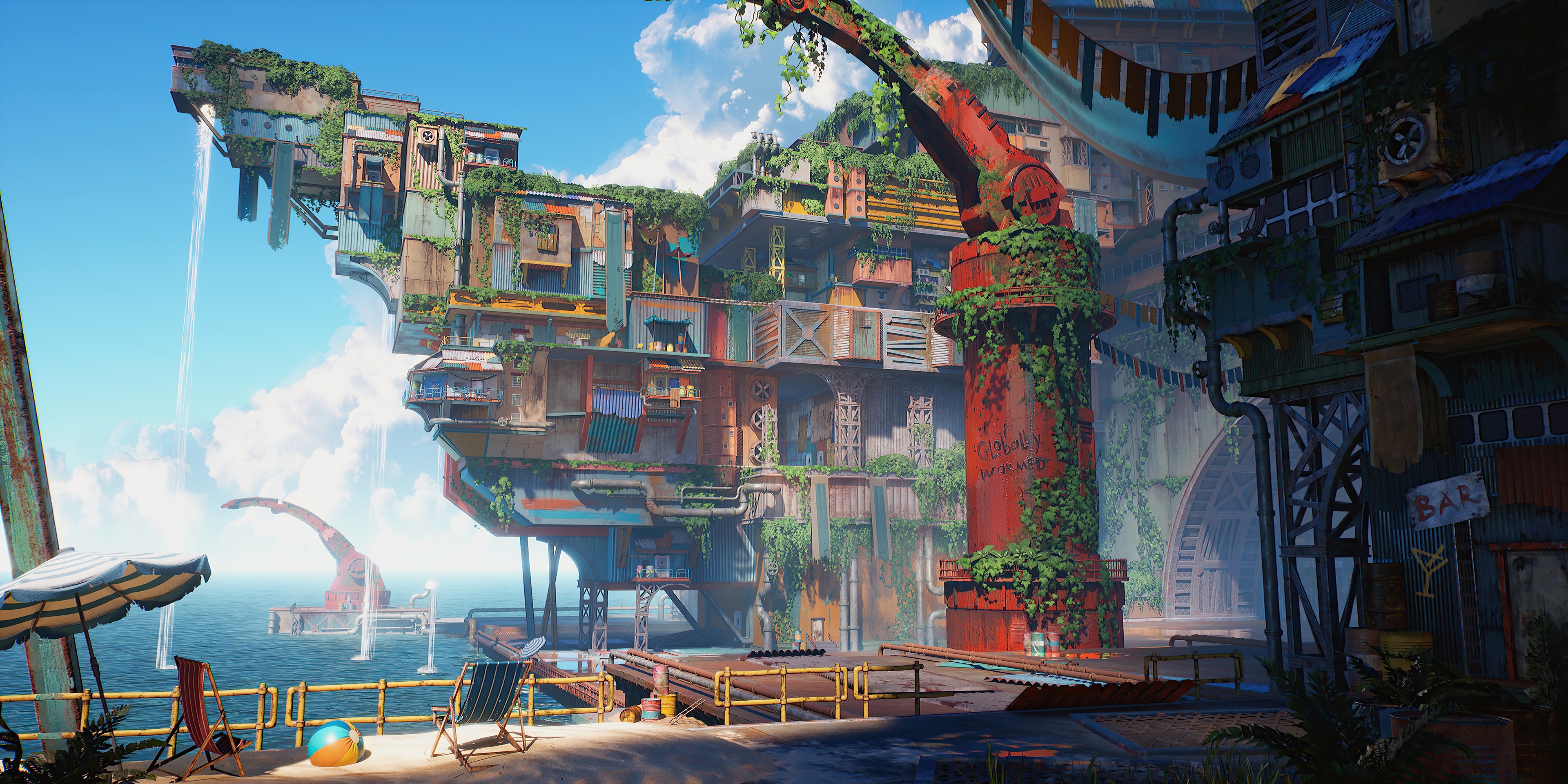 Post-apocalyptic floating city with waterfalls HD Wallpaper
