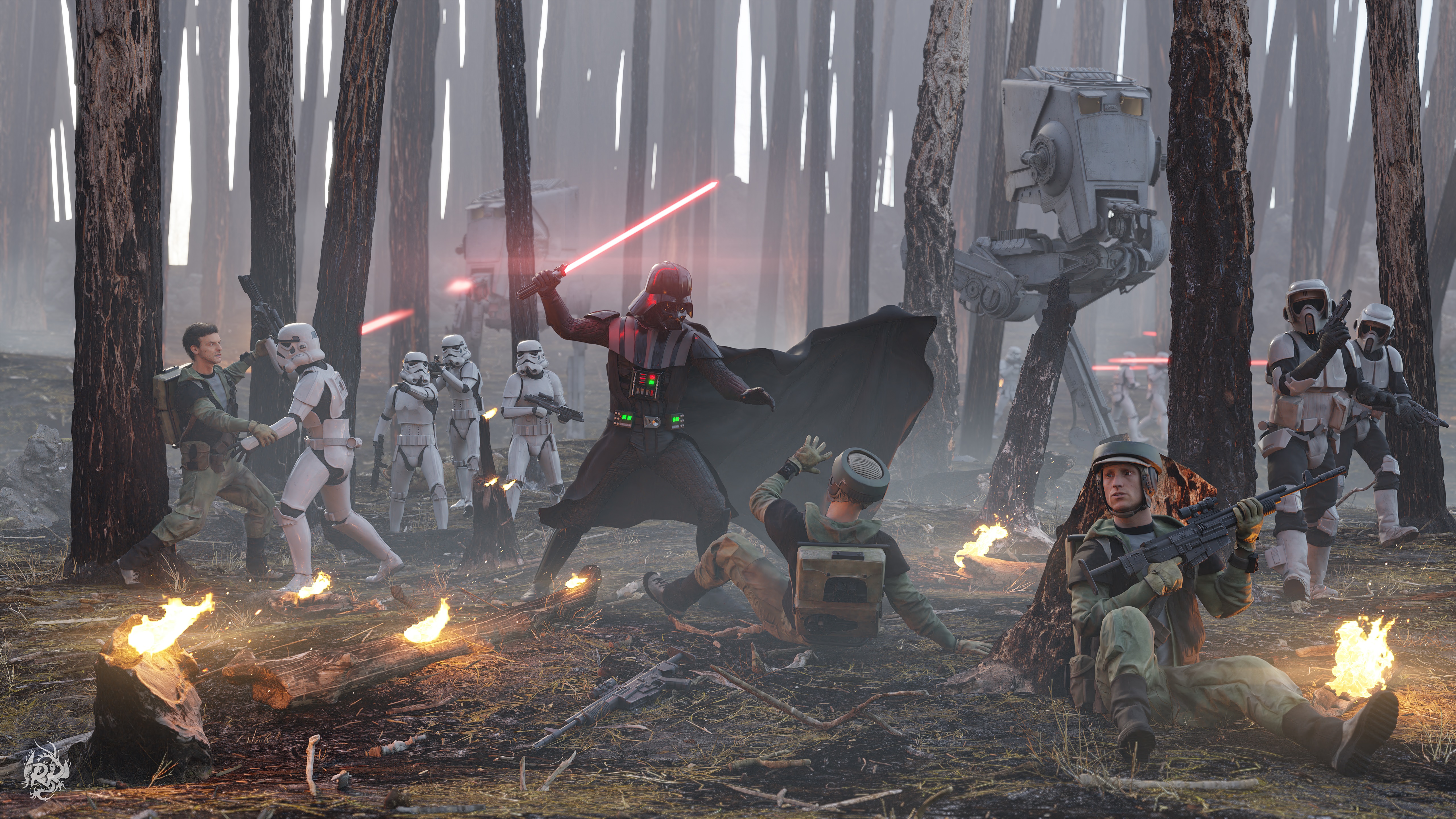 Darth Vader and Stormtroopers in Star Wars forest battle 4K HD Wallpaper