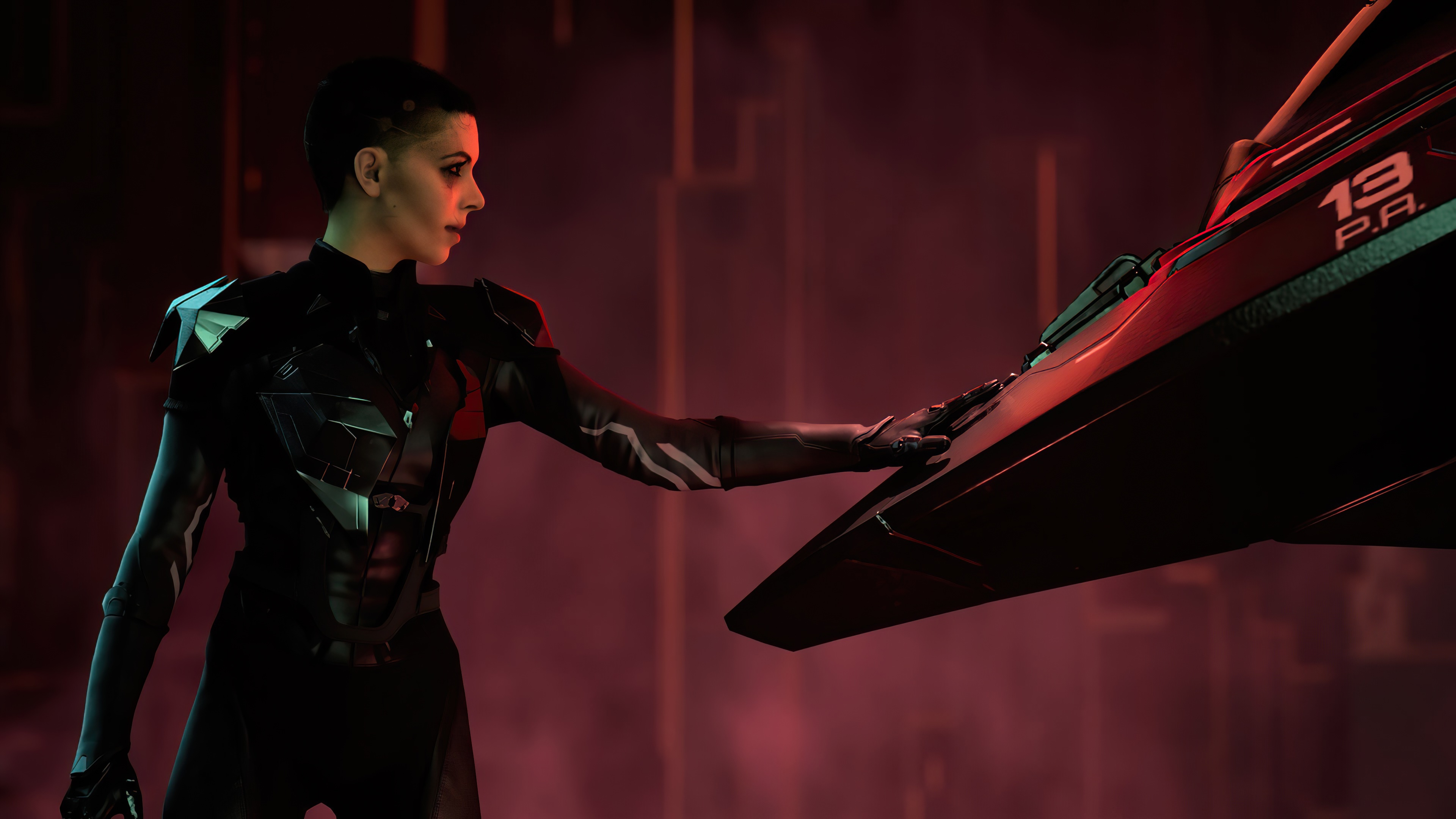 Woman in futuristic armor touching a spacecraft HD Wallpaper