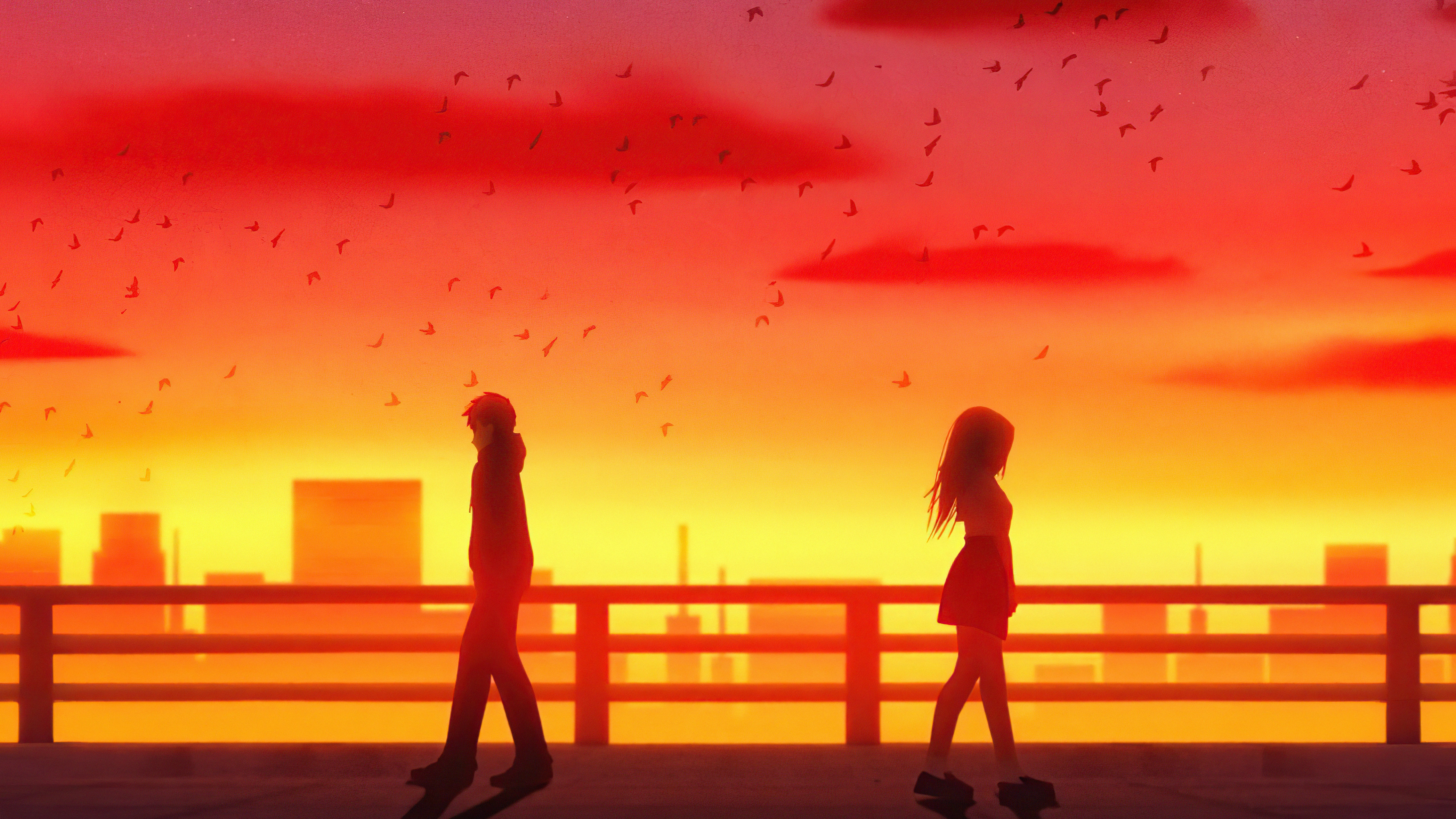Couple walking away from each other at sunset HD Wallpaper