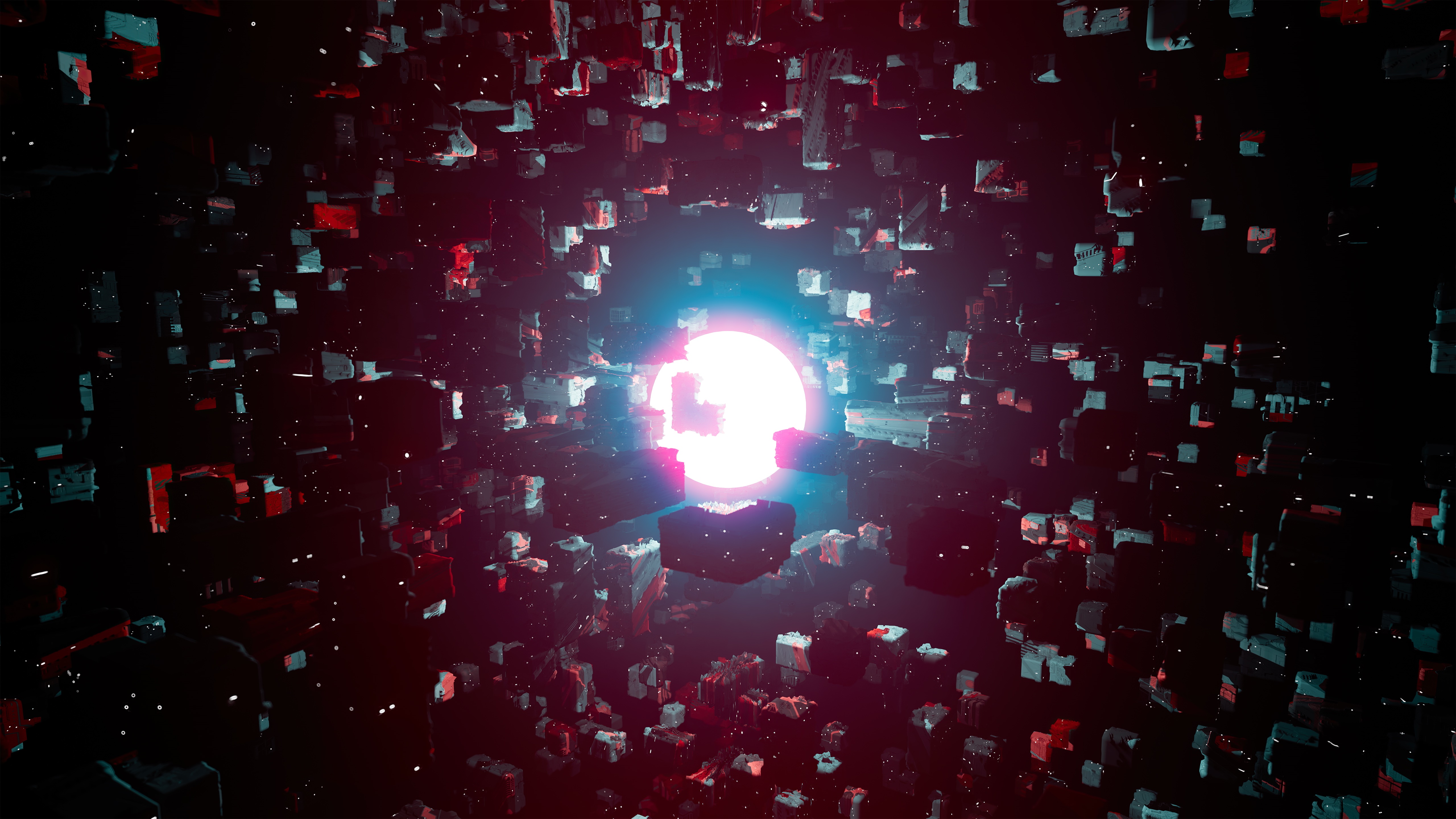 Abstract digital art with glowing orb and cubes HD Wallpaper