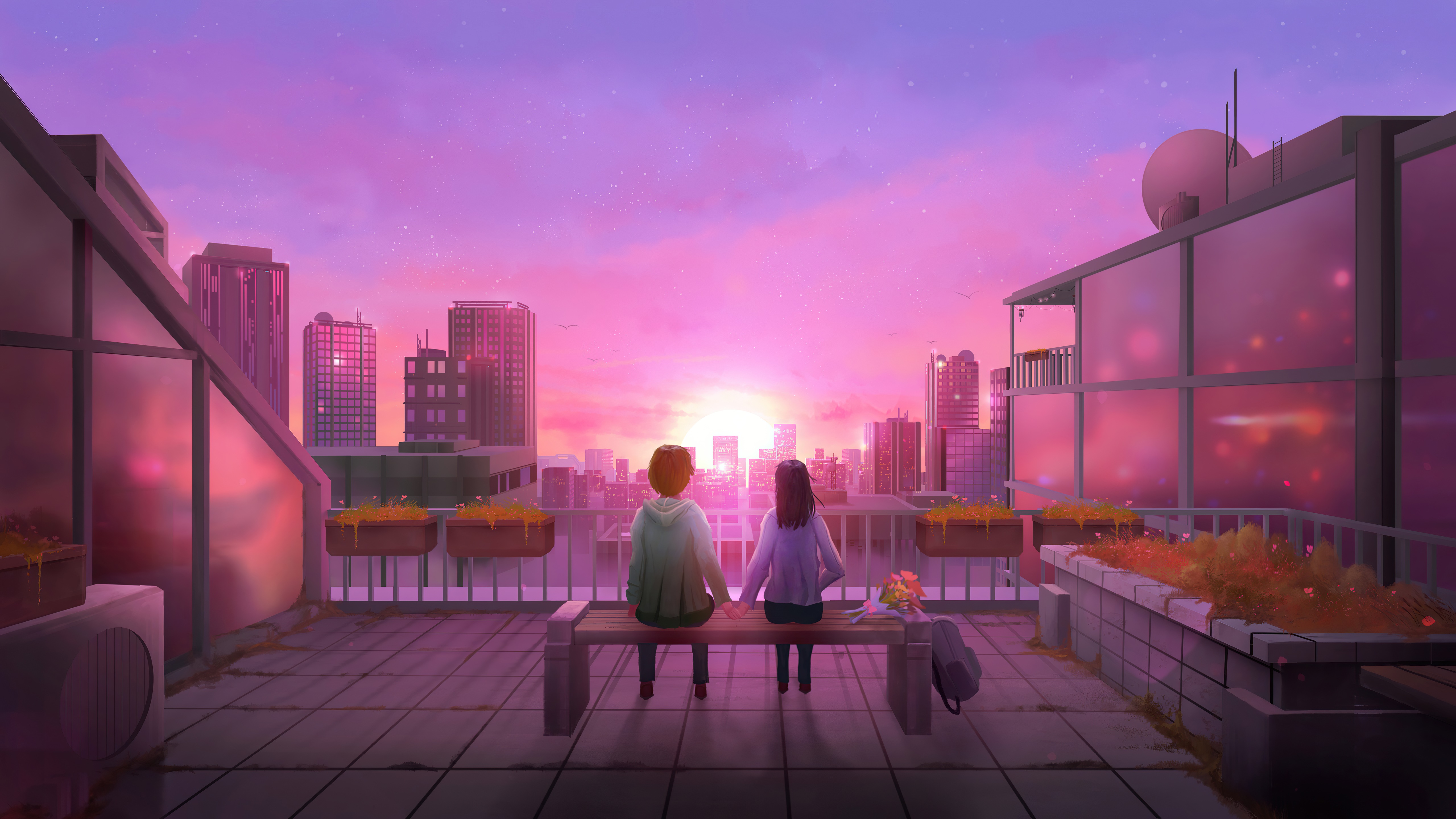 Couple holding hands on rooftop at sunset HD Wallpaper