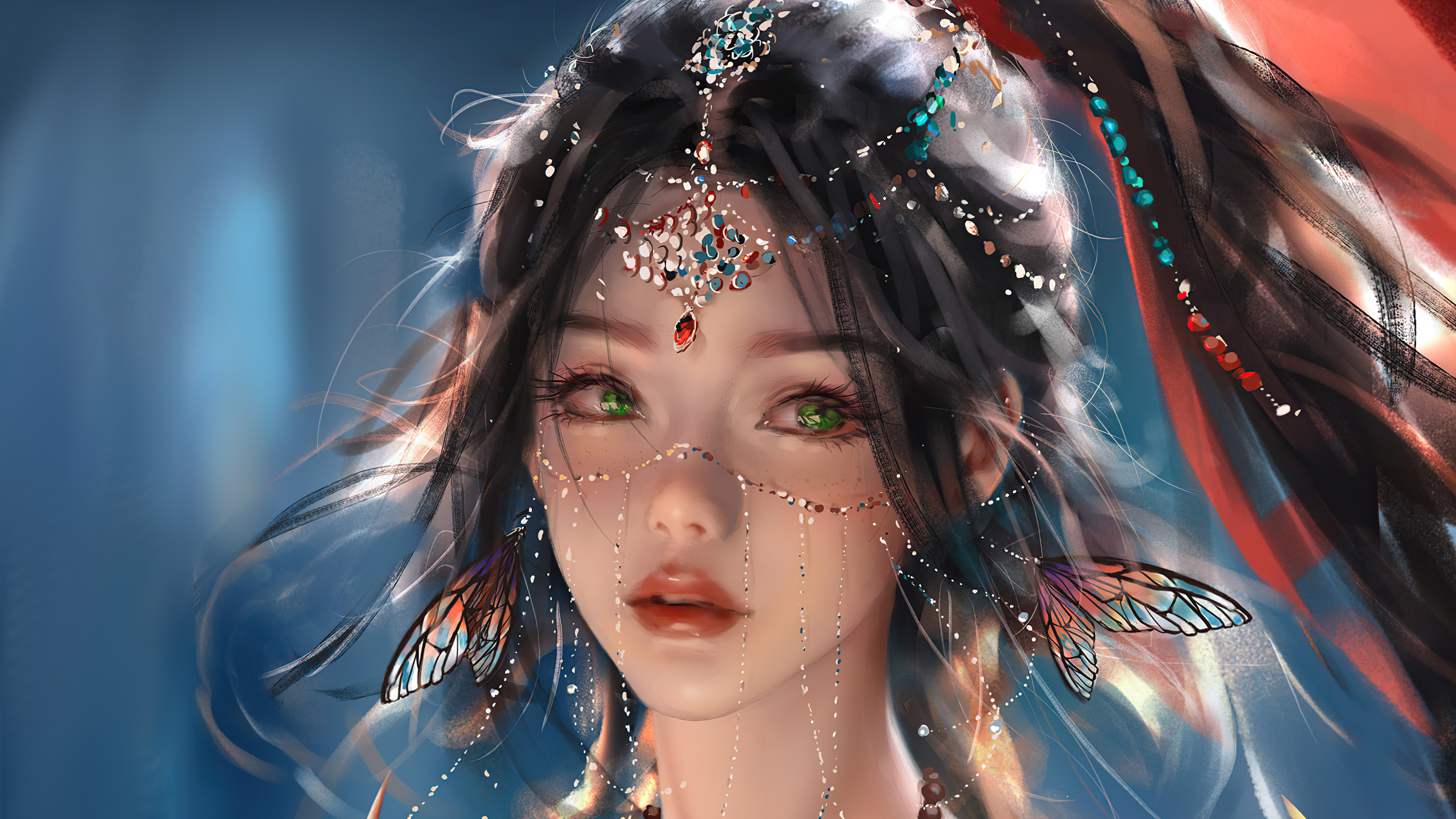 Fantasy girl with ornate headdress and butterfly wings HD Wallpaper