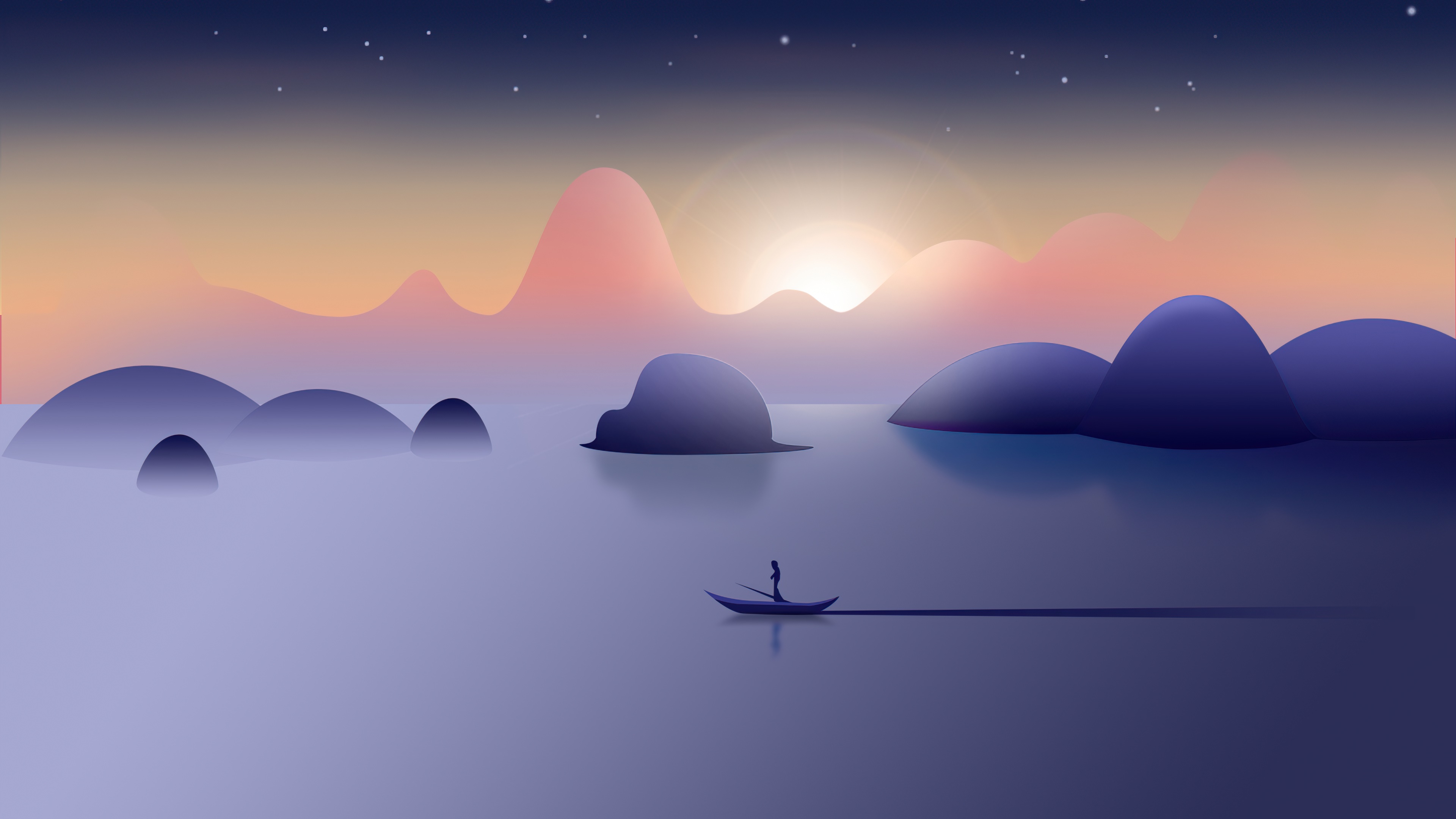 Minimalist digital art of a boat on a lake at sunrise HD Wallpaper