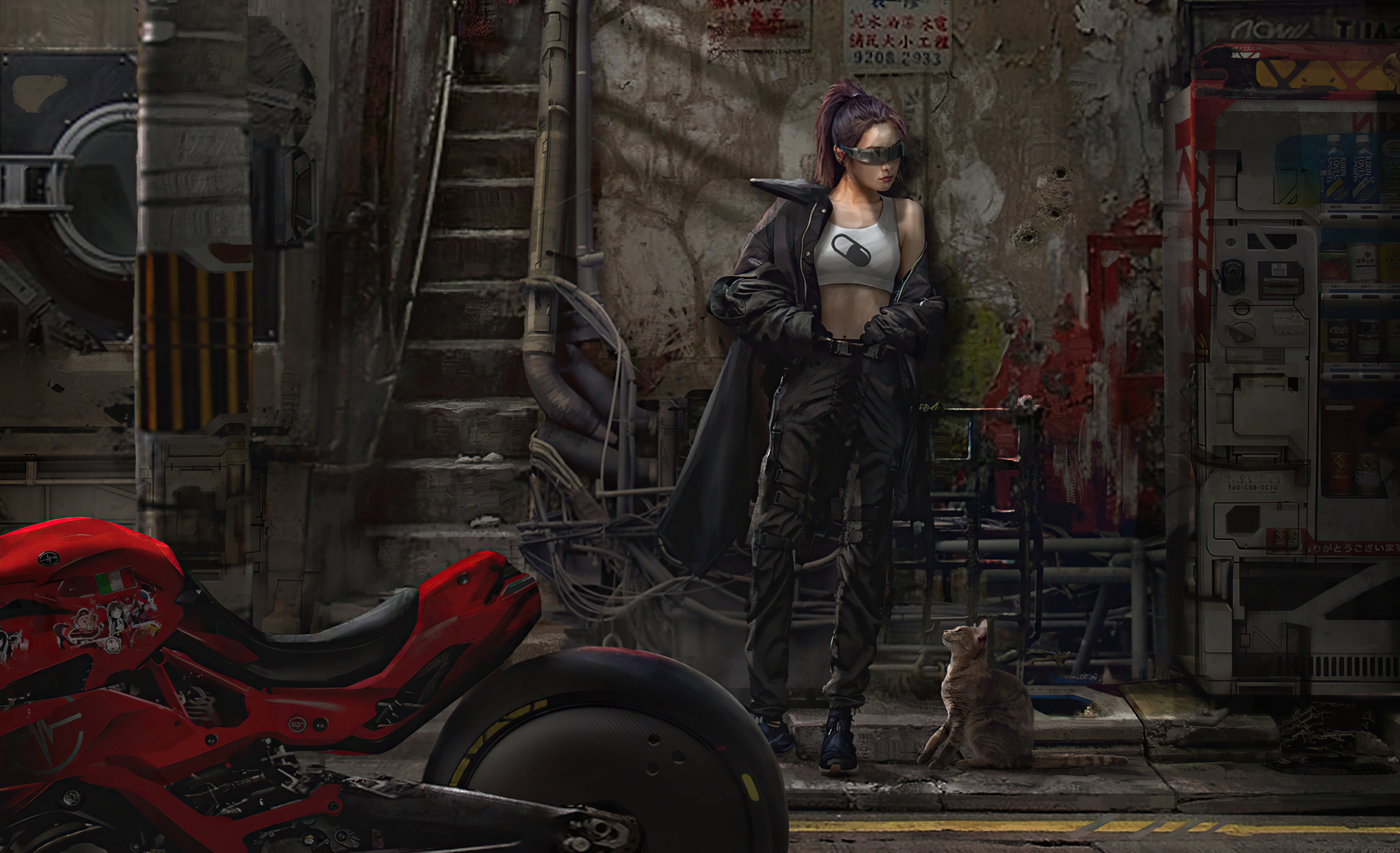 Cyberpunk woman with motorcycle and cat HD Wallpaper