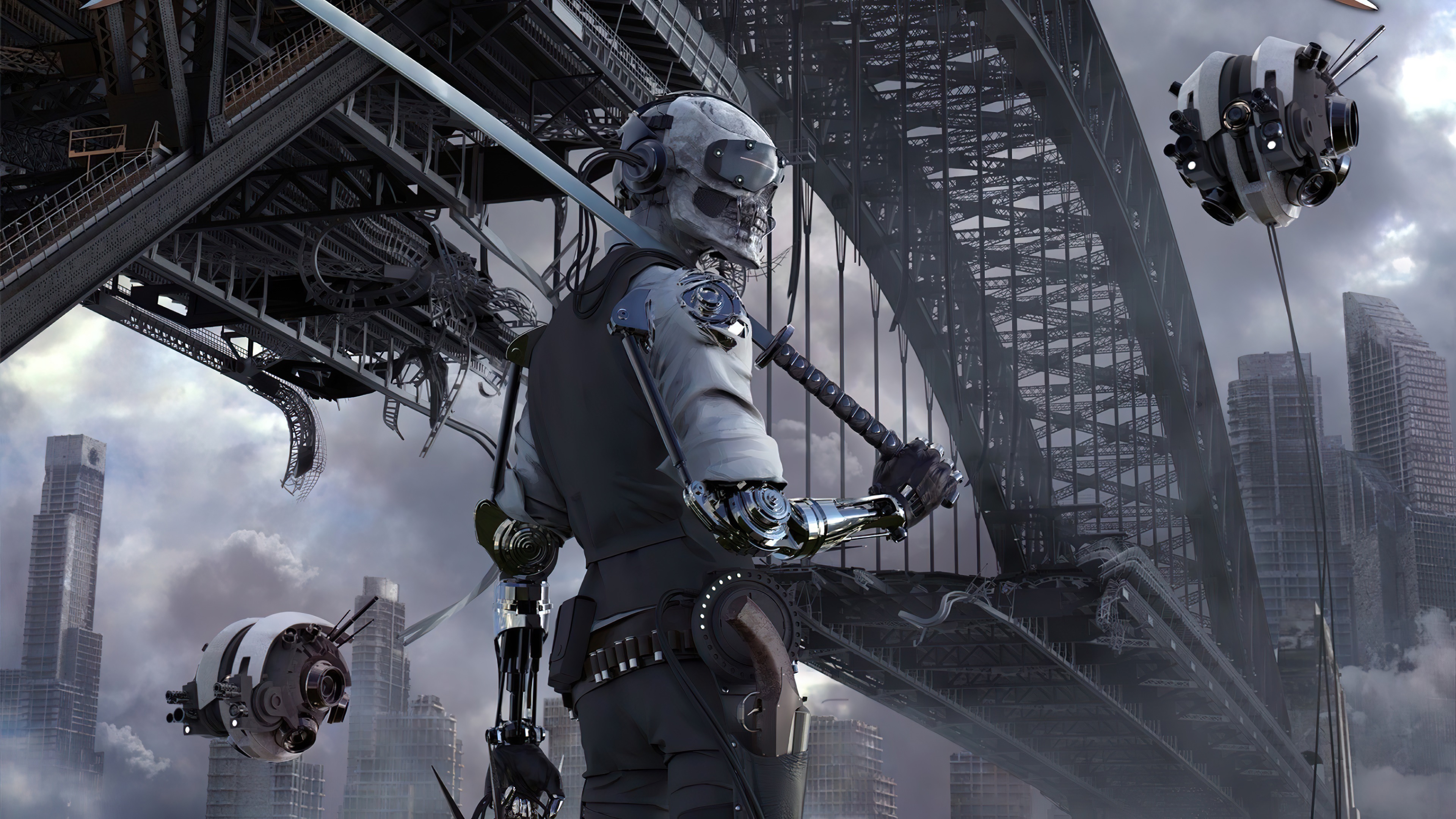 Robot with sword under bridge in city HD Wallpaper