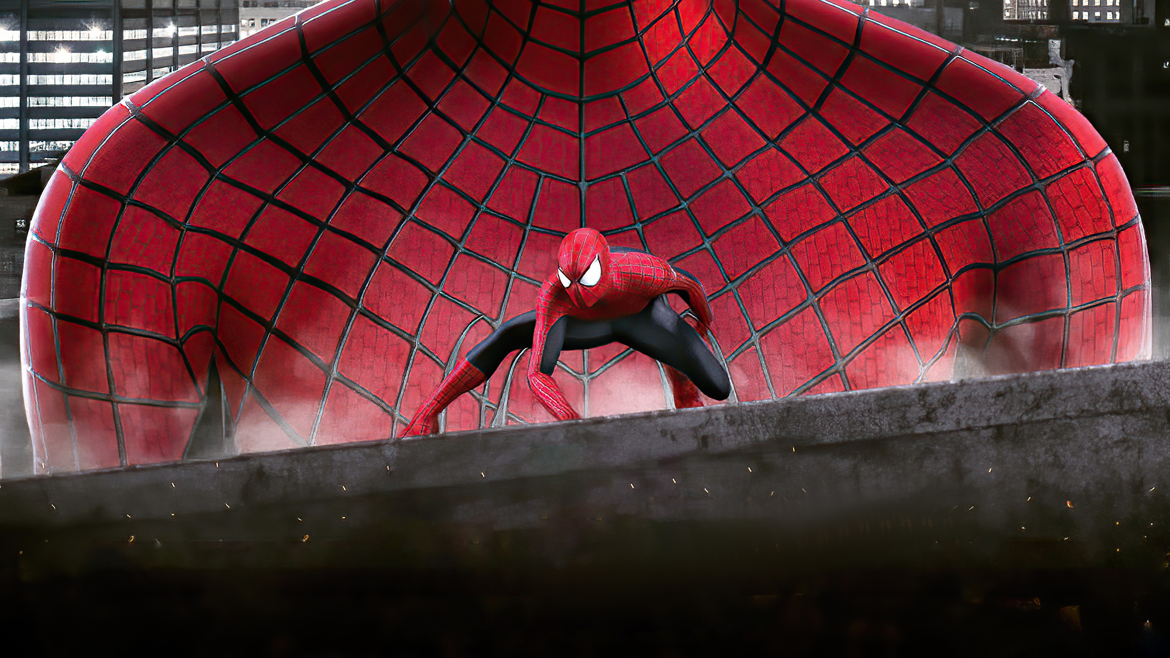Spider-Man on a ledge with city background HD Wallpaper