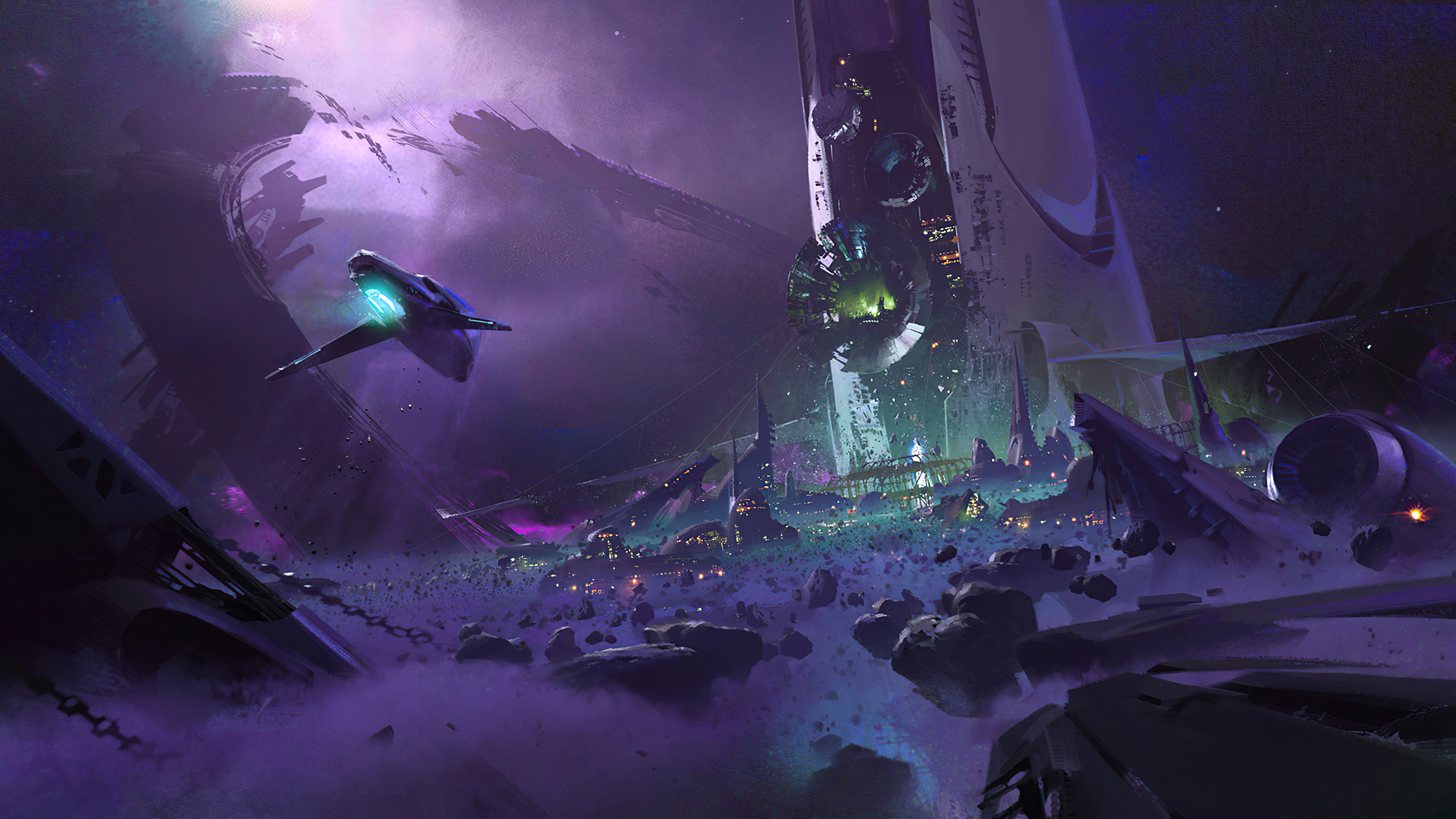 Destiny 2 space station with ship and asteroids HD Wallpaper