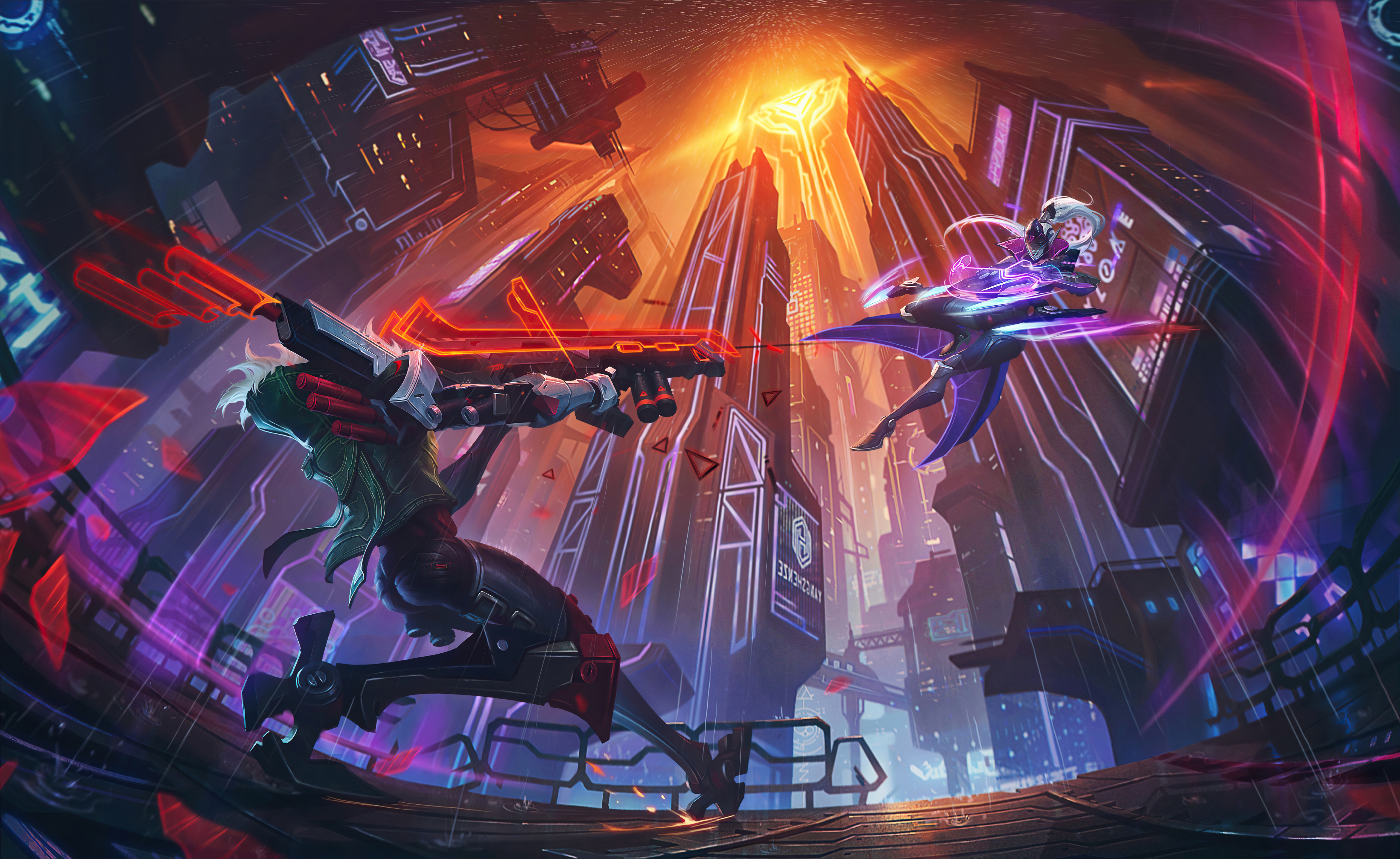 Jinx and Vi from League of Legends in a futuristic city HD Wallpaper