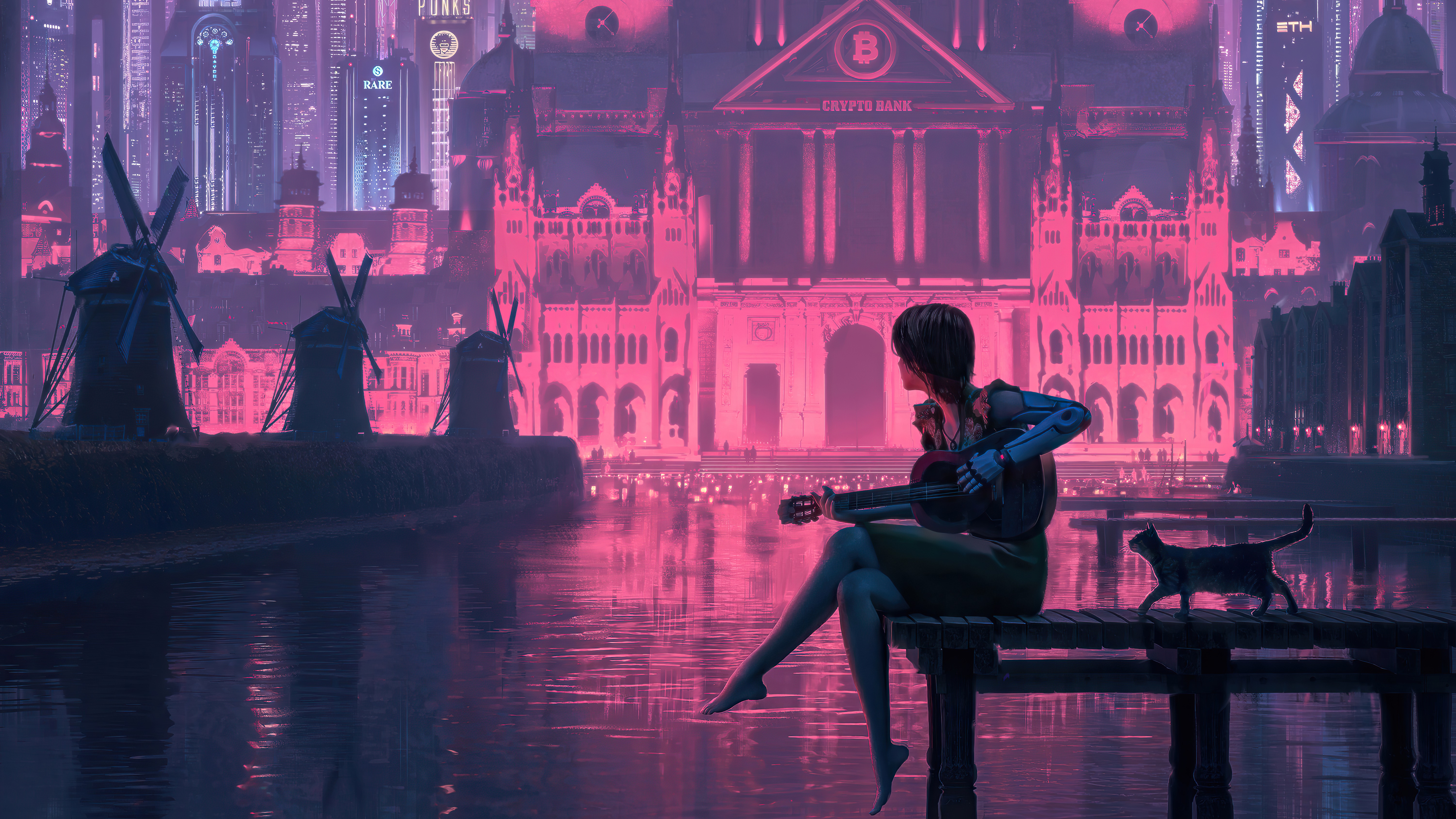 Girl playing guitar with cat in front of crypto bank HD Wallpaper