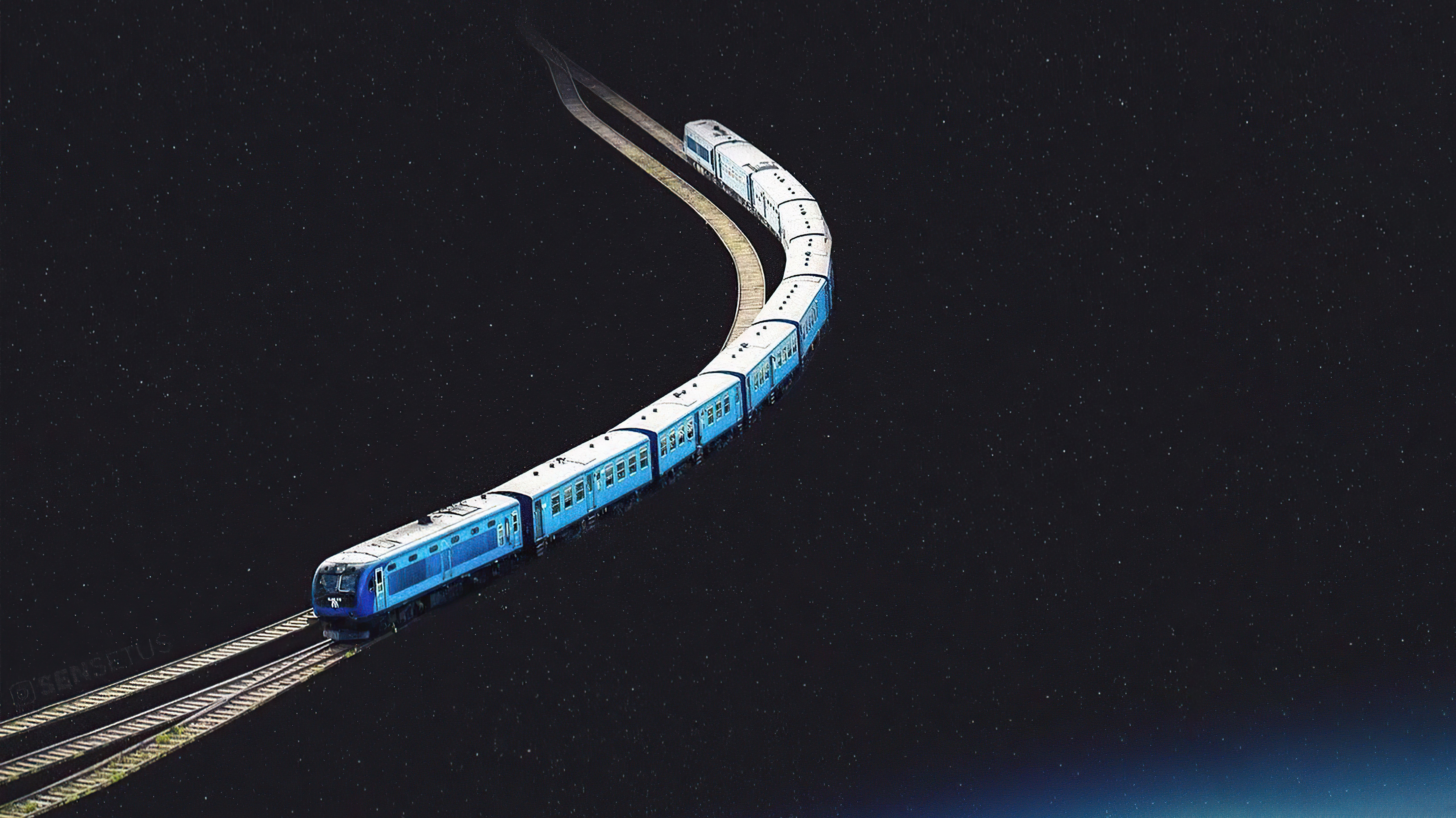 Blue train on tracks in starry sky HD Wallpaper