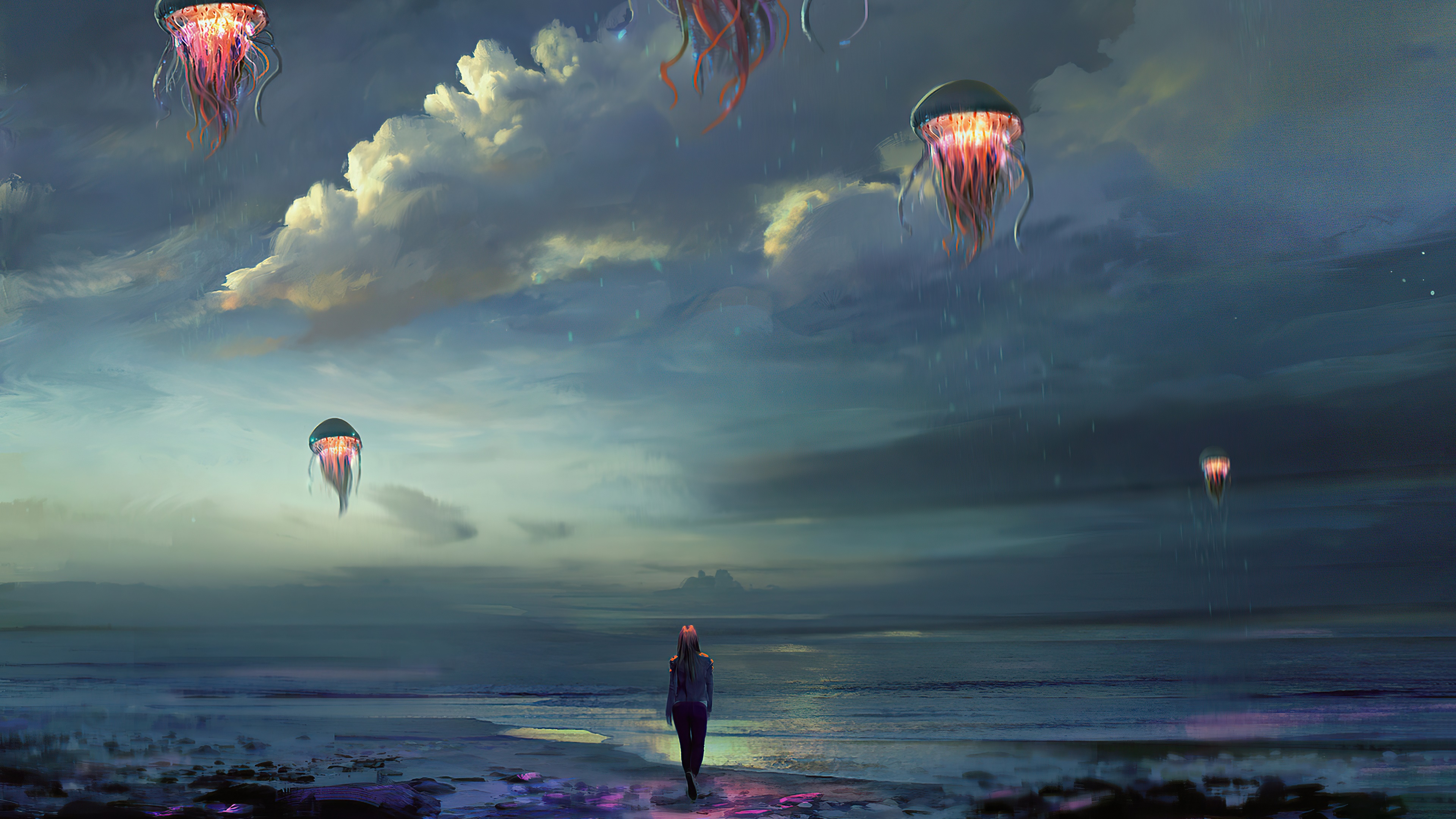 Digital art of jellyfish in the sky over a beach HD Wallpaper