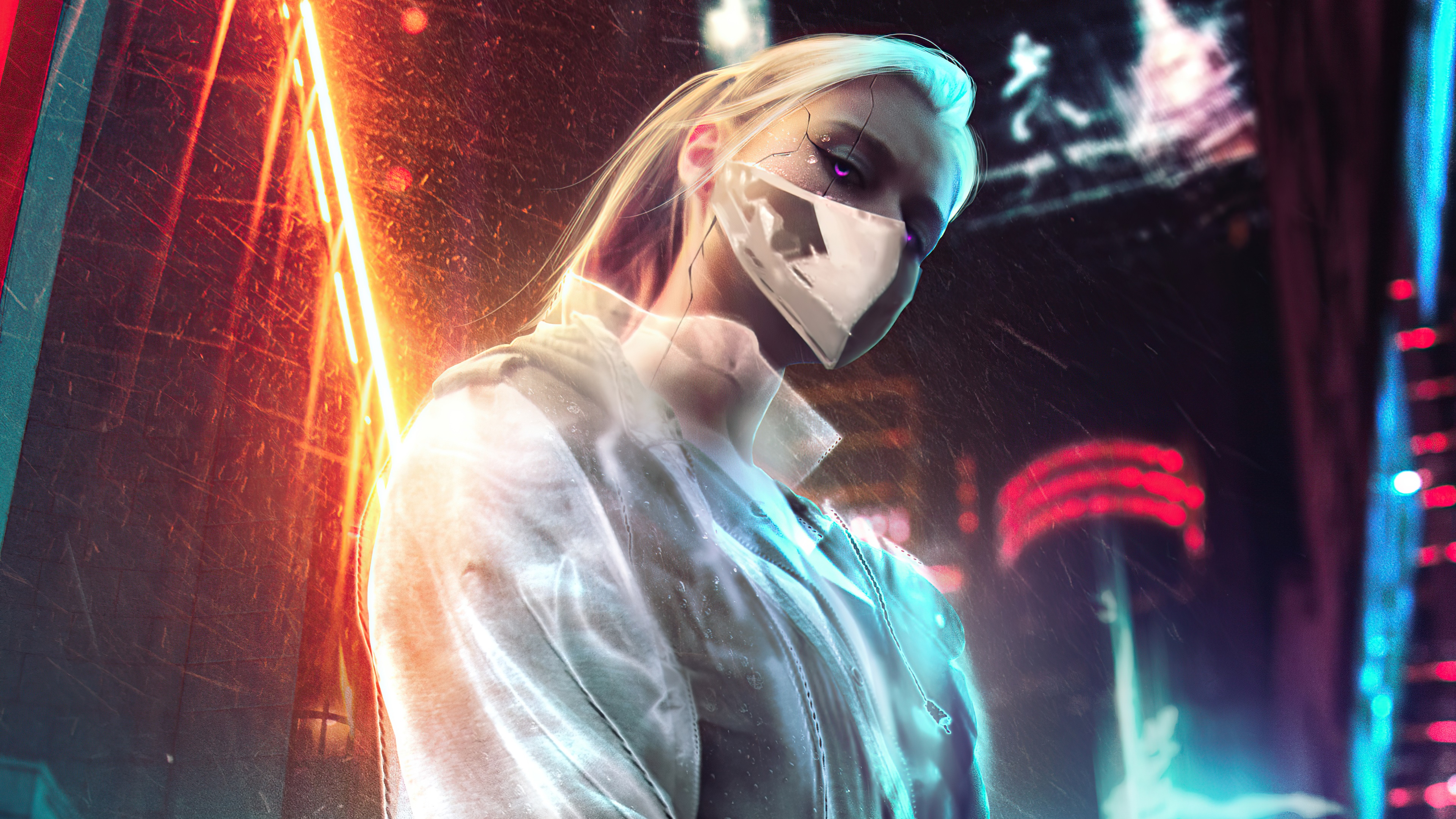 Cyberpunk warrior with mask and glowing eyes HD Wallpaper