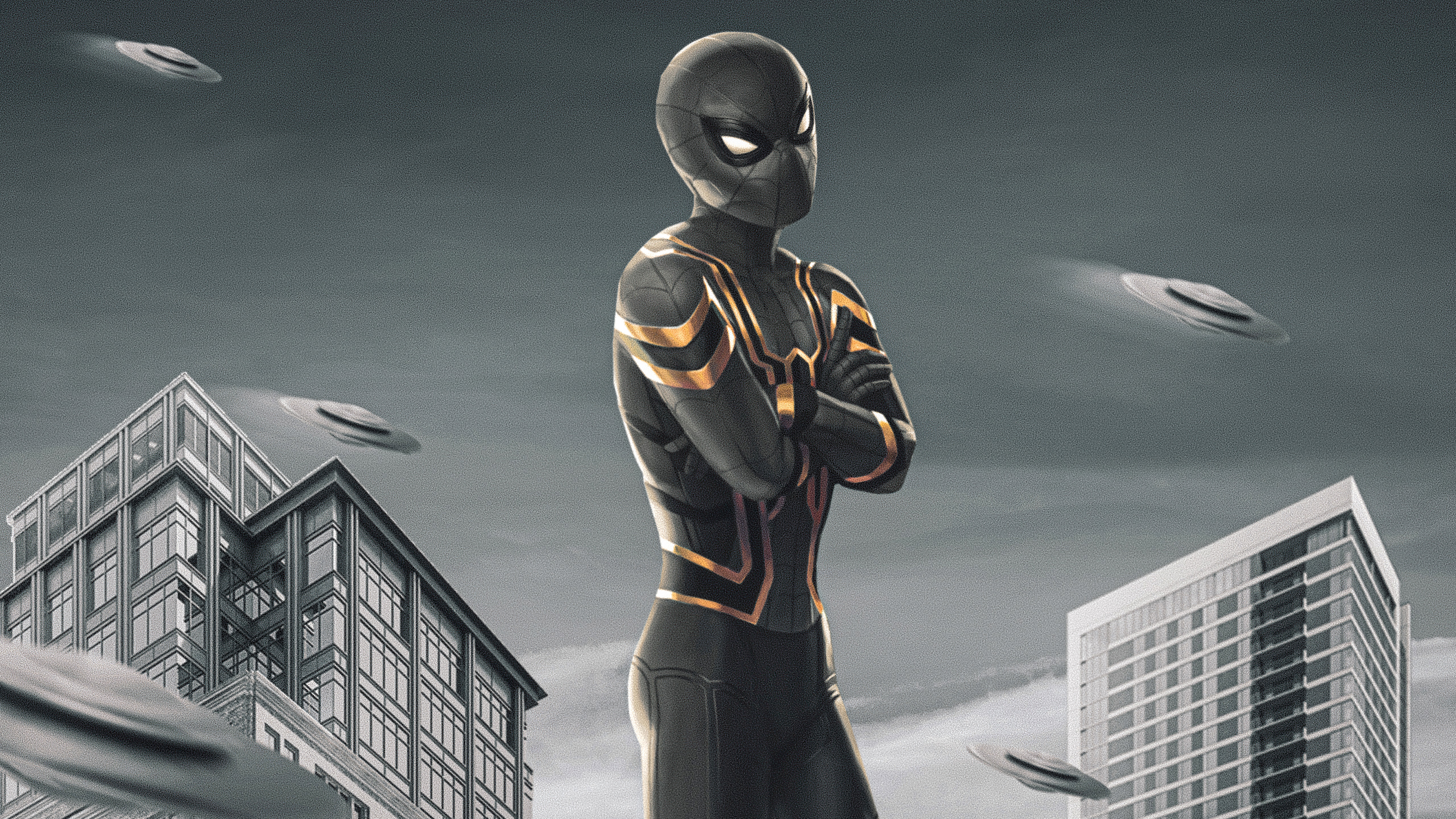 Spider-Man in Iron Spider suit with UFOs over city HD Wallpaper