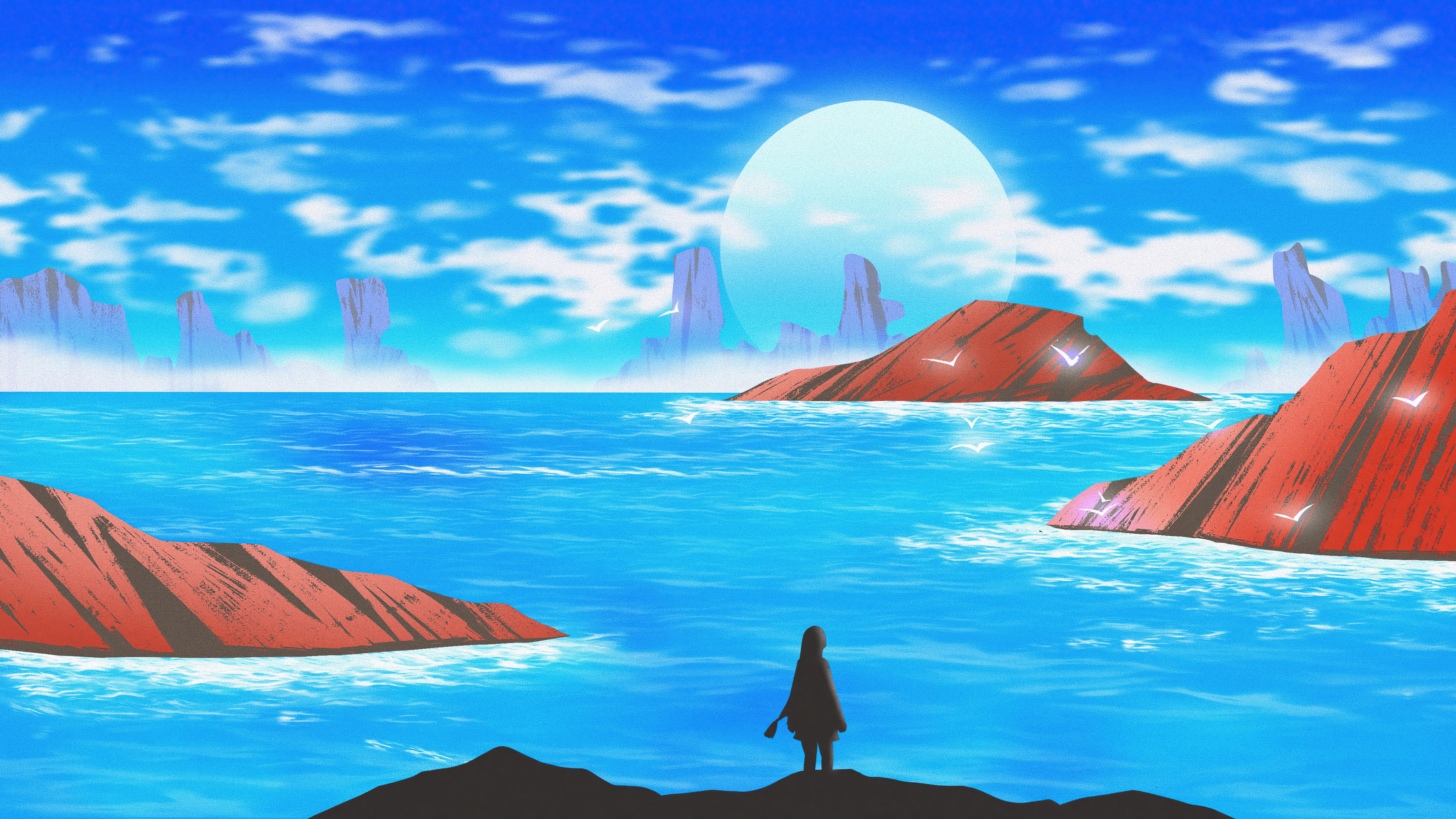 Anime landscape with islands and a large moon HD Wallpaper