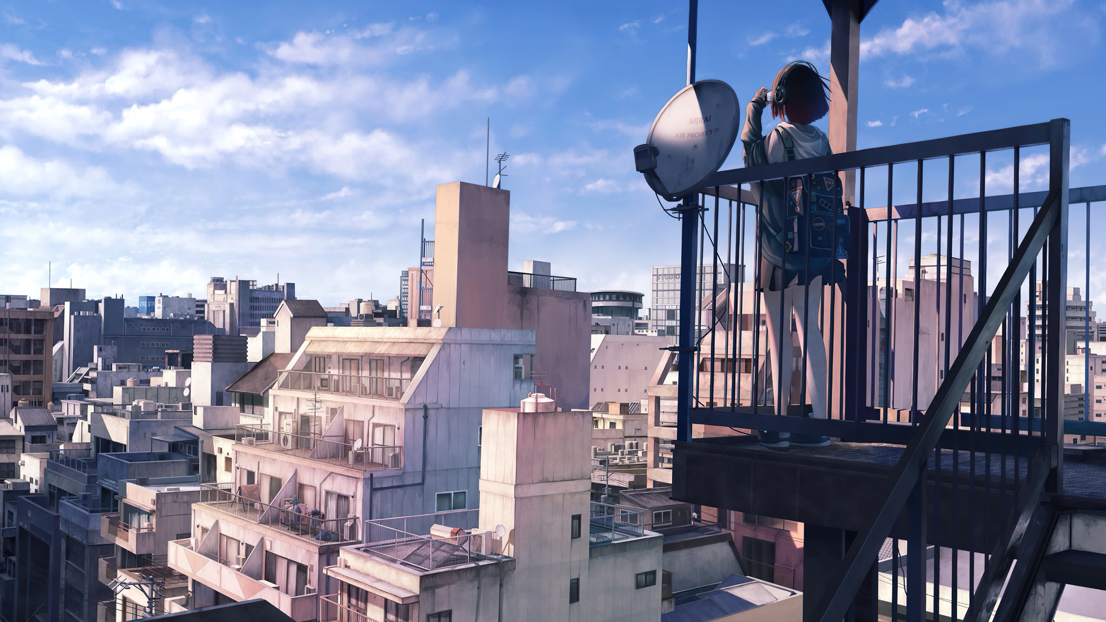 Anime girl on rooftop overlooking city HD Wallpaper